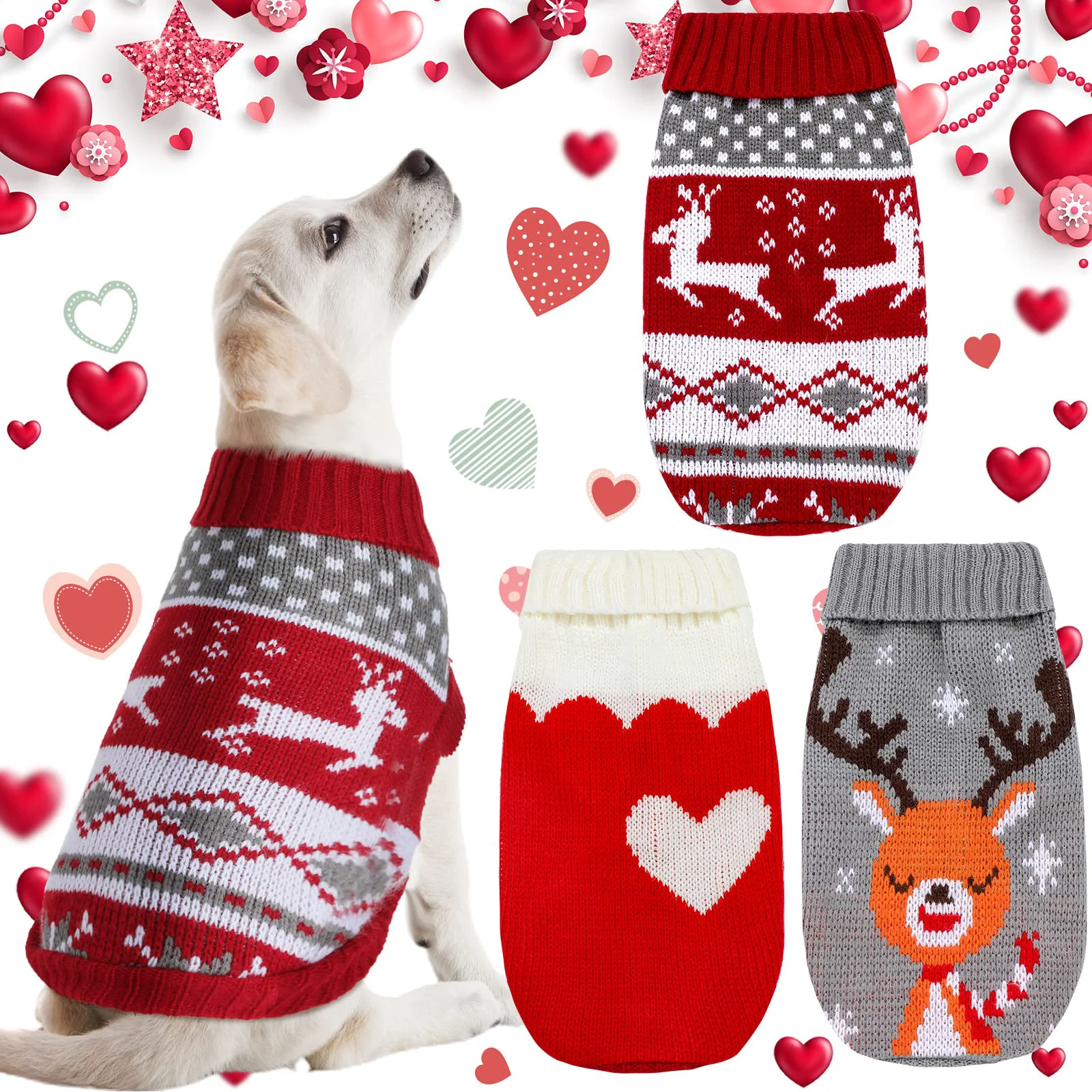 Effective Xuniea 3-Pattern Christmas Pet Sweaters — Reindeer Heart Snowflake Size L Reusable