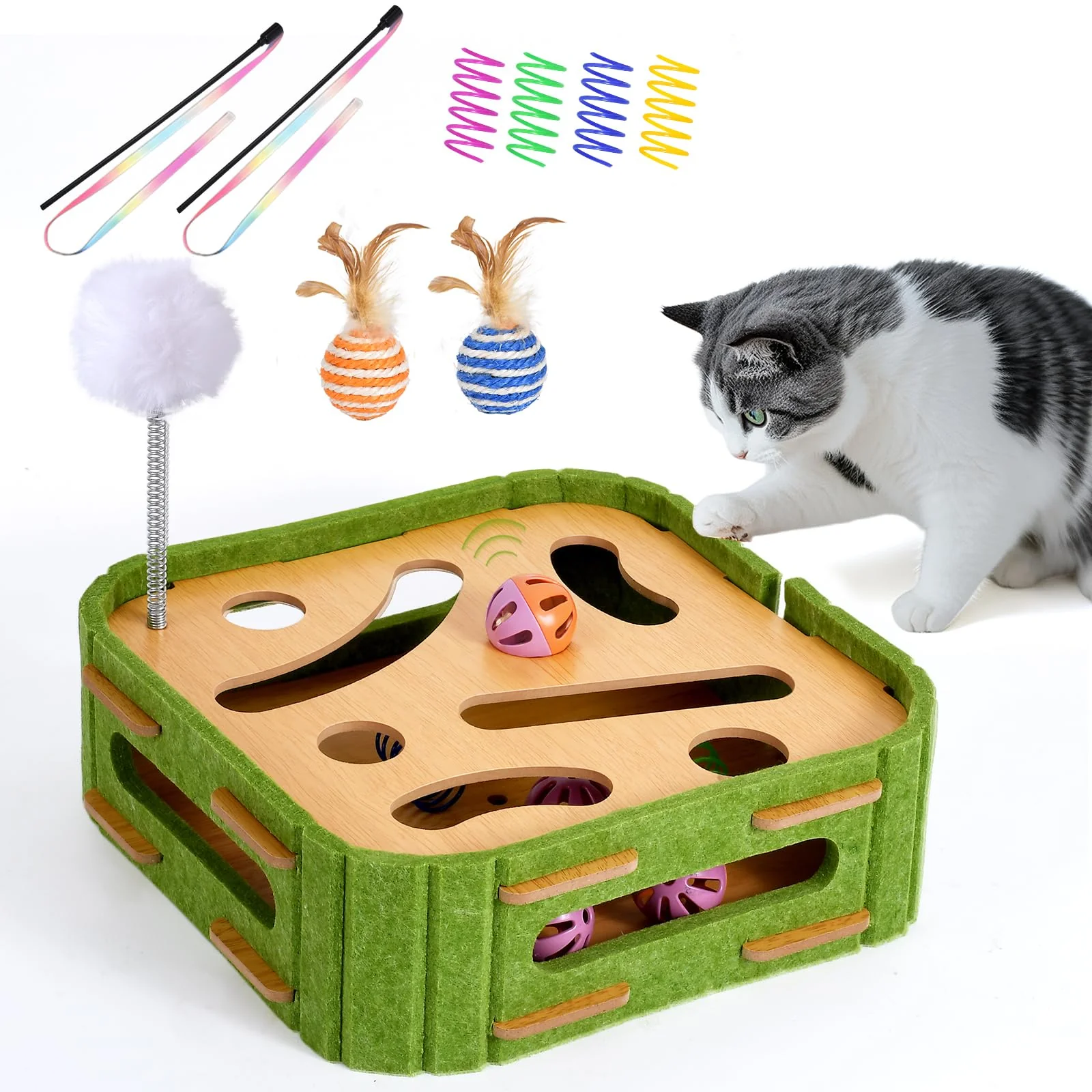Healthy GLYVIAN 5-in-1 Cat Toys Interactive Wooden Puzzle Toy with Jingle Balls Wands World-Class