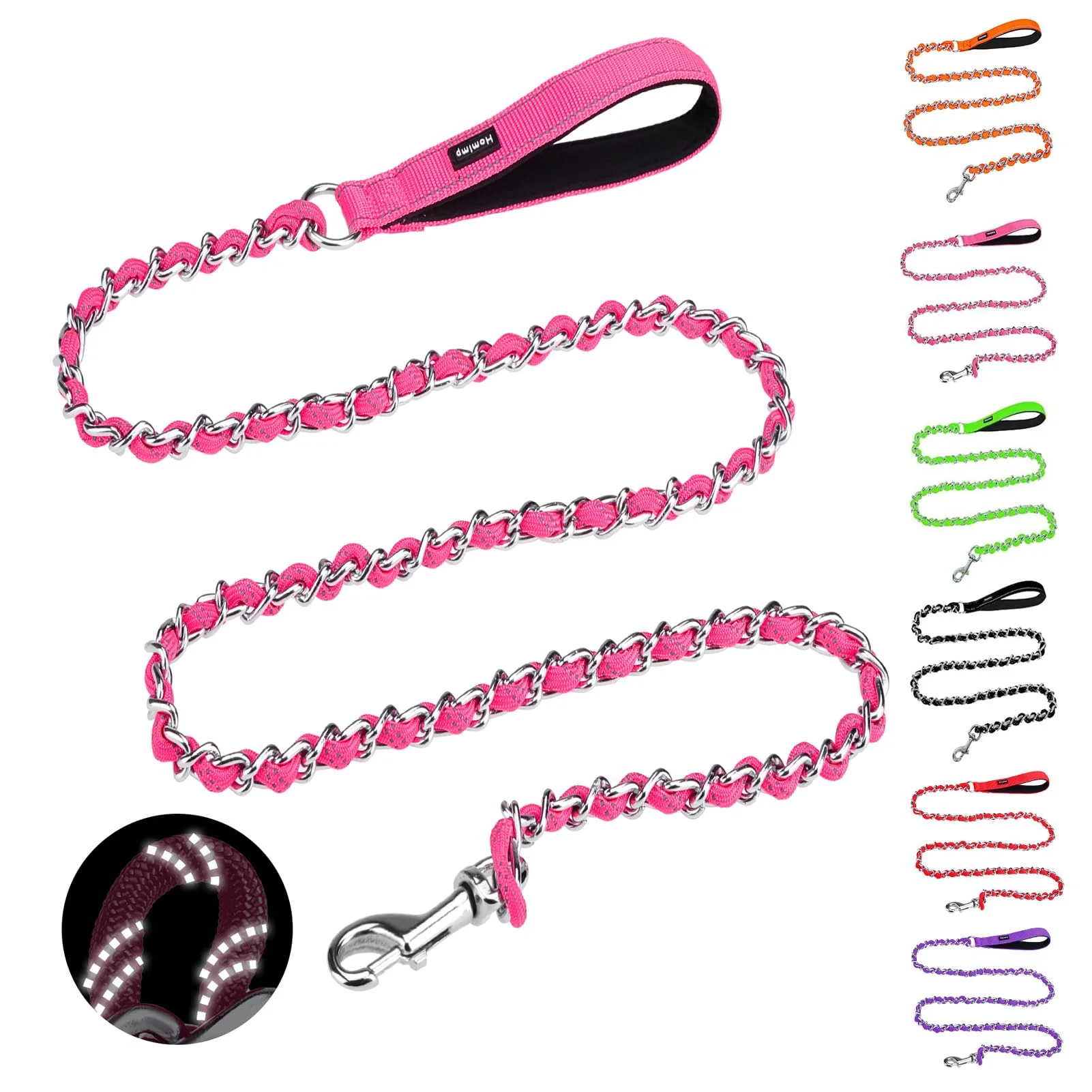 Eco-Friendly Homimp Chew-Proof Dog Leash for Medium Large Dogs — 6 ft Heavy-Duty Metal Chain Reflective Padded Handle Flexible