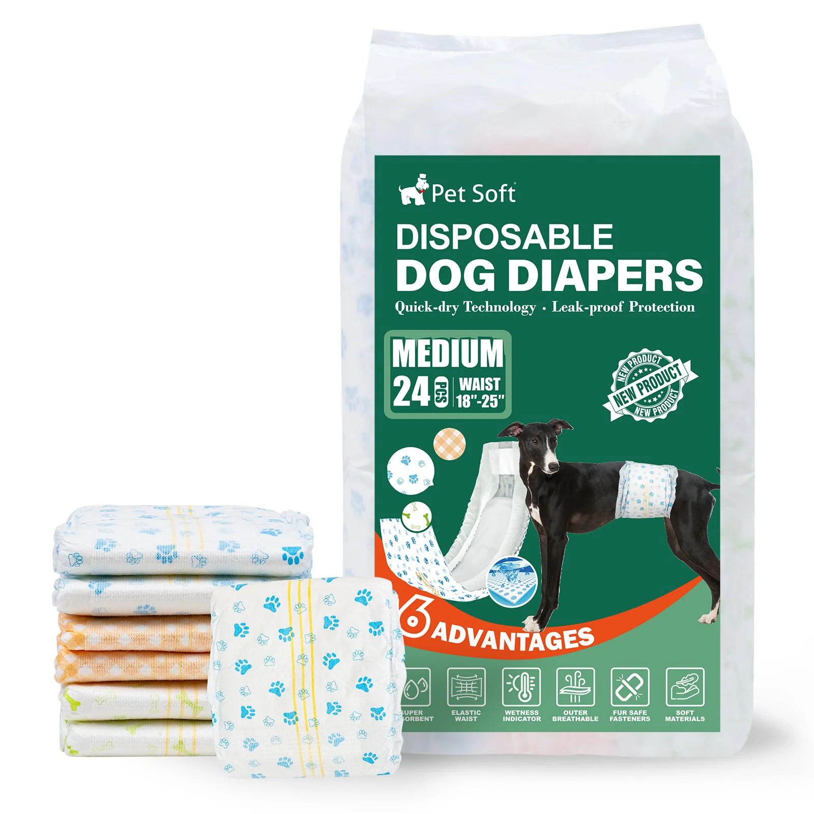 High-Quality Pet Soft Disposable Dog Diapers – Medium Male Wraps with Wetness Indicator Ultra-Absorbent 24 Count Secure