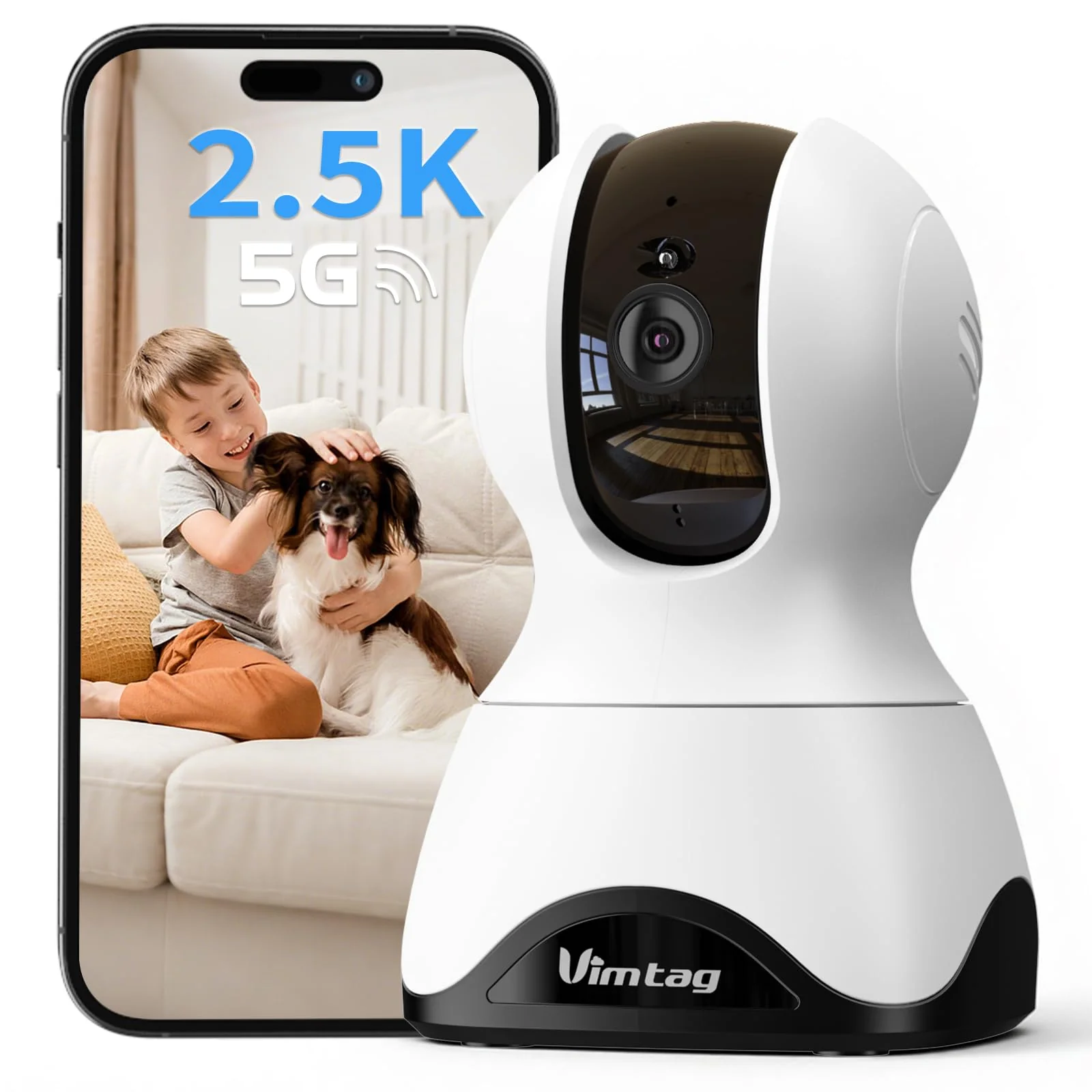 Premium Material VIMTAG Indoor Pet Camera – 2.5K 360° Pan Tilt Night Vision 2-Way Audio Cloud SD High-End