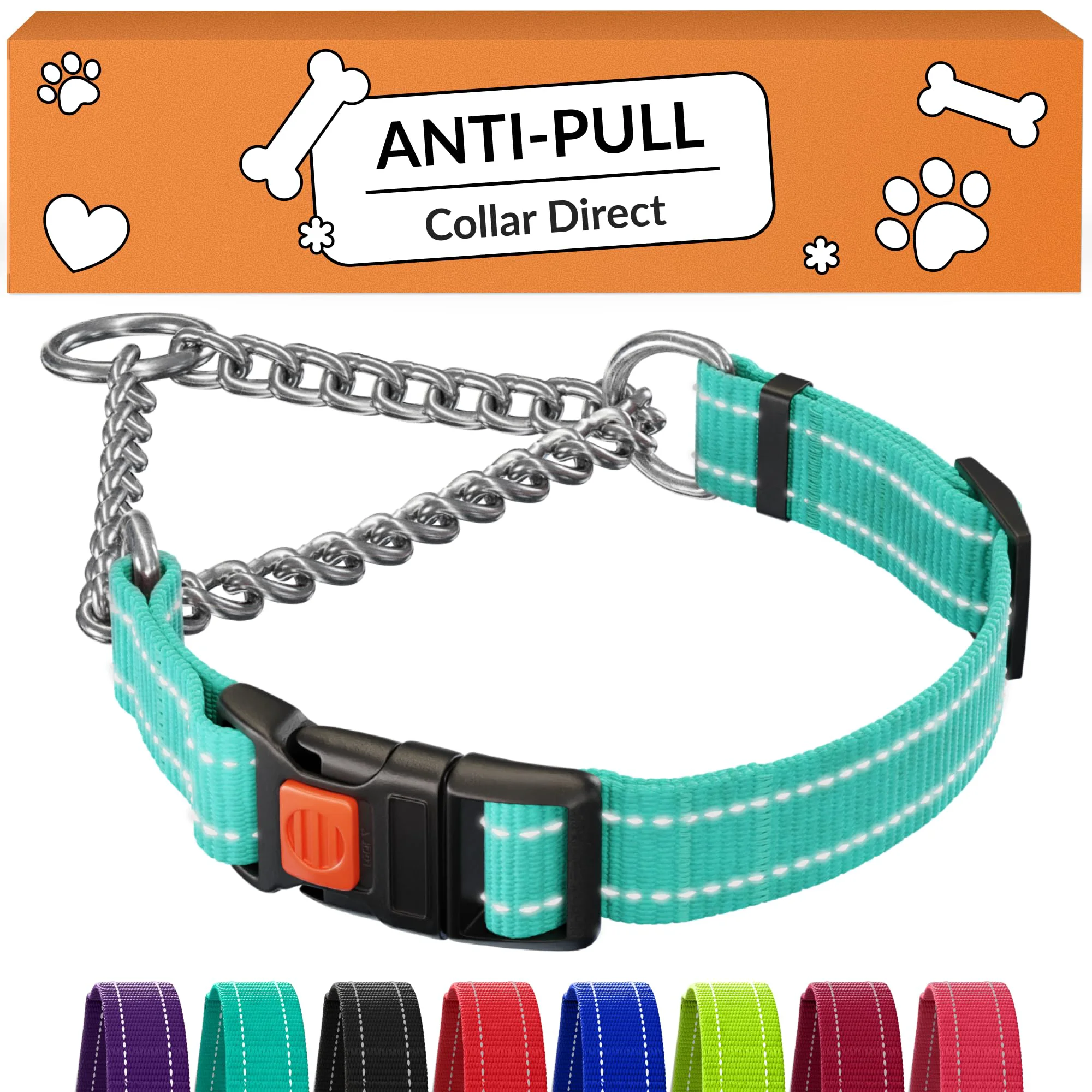 Soft CollarDirect Martingale Mint Green Dog Collar – Reflective Adjustable 14–17 in Stainless Chain Relaxed