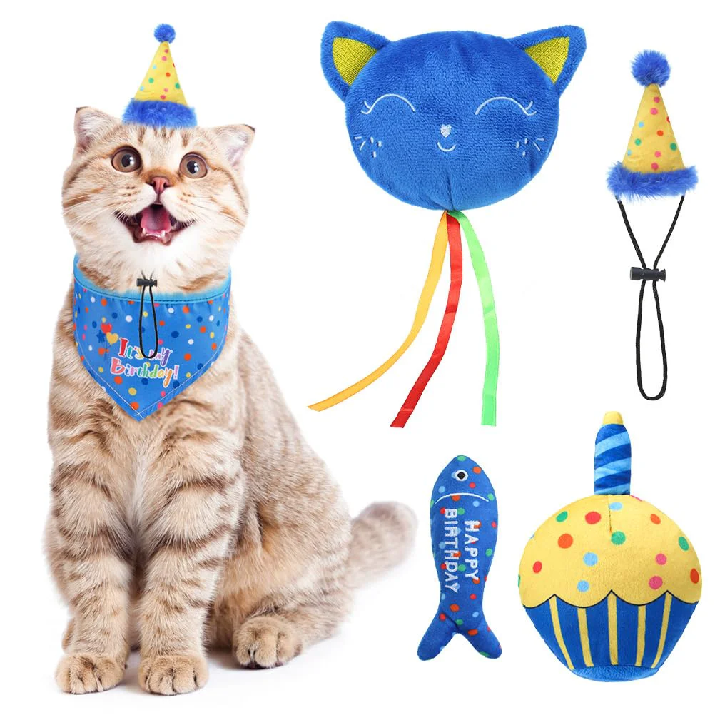 Carefully Designed BINGPET Cat Birthday Toys for Indoor Cats – Plush Bandana Hat Cake Toy Fish Toy Balloon Versatile
