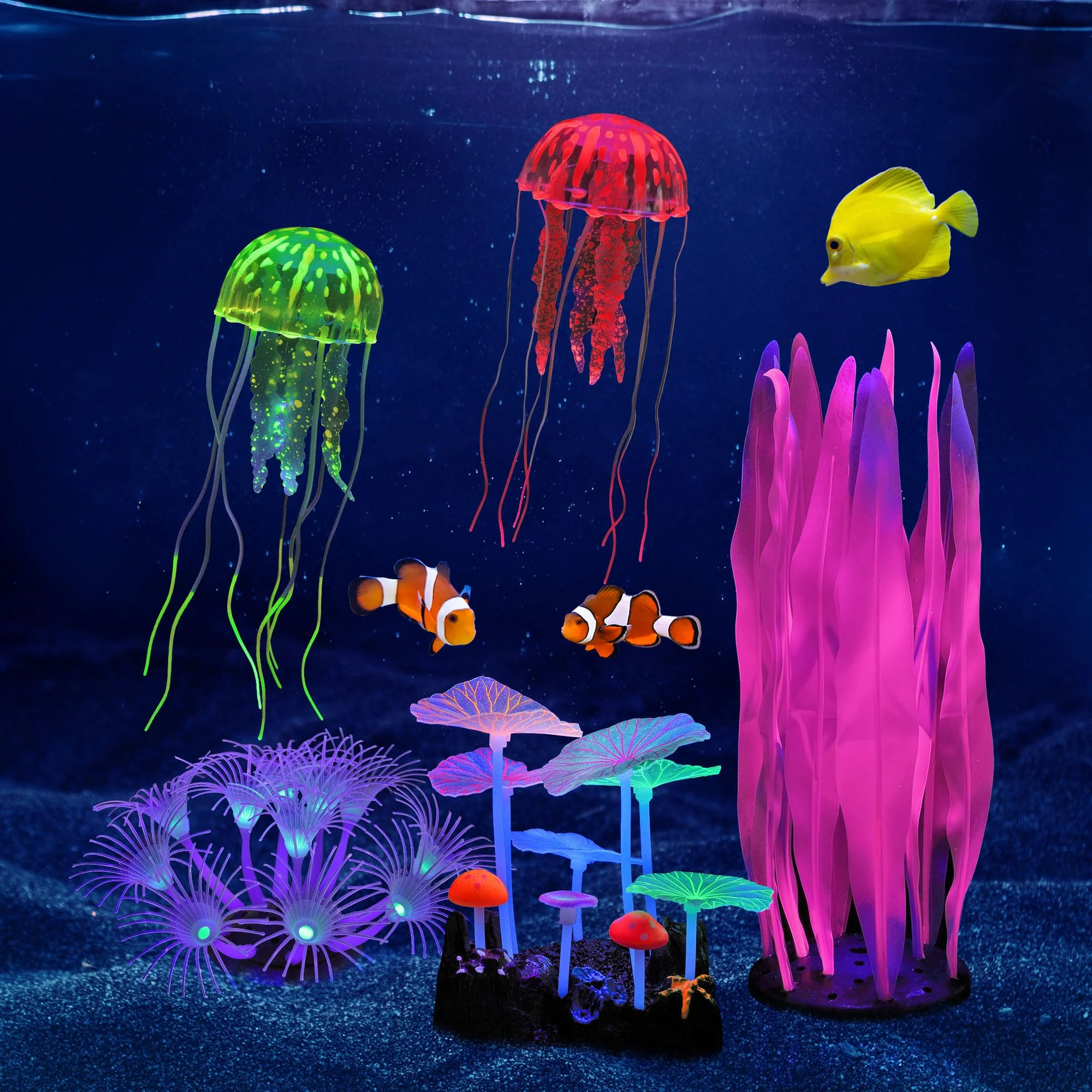 Stylish Lpraer 5 Pack Glow Aquarium Decorations – Silicone Kelp Mushrooms Sunflower Jellyfish Breathable