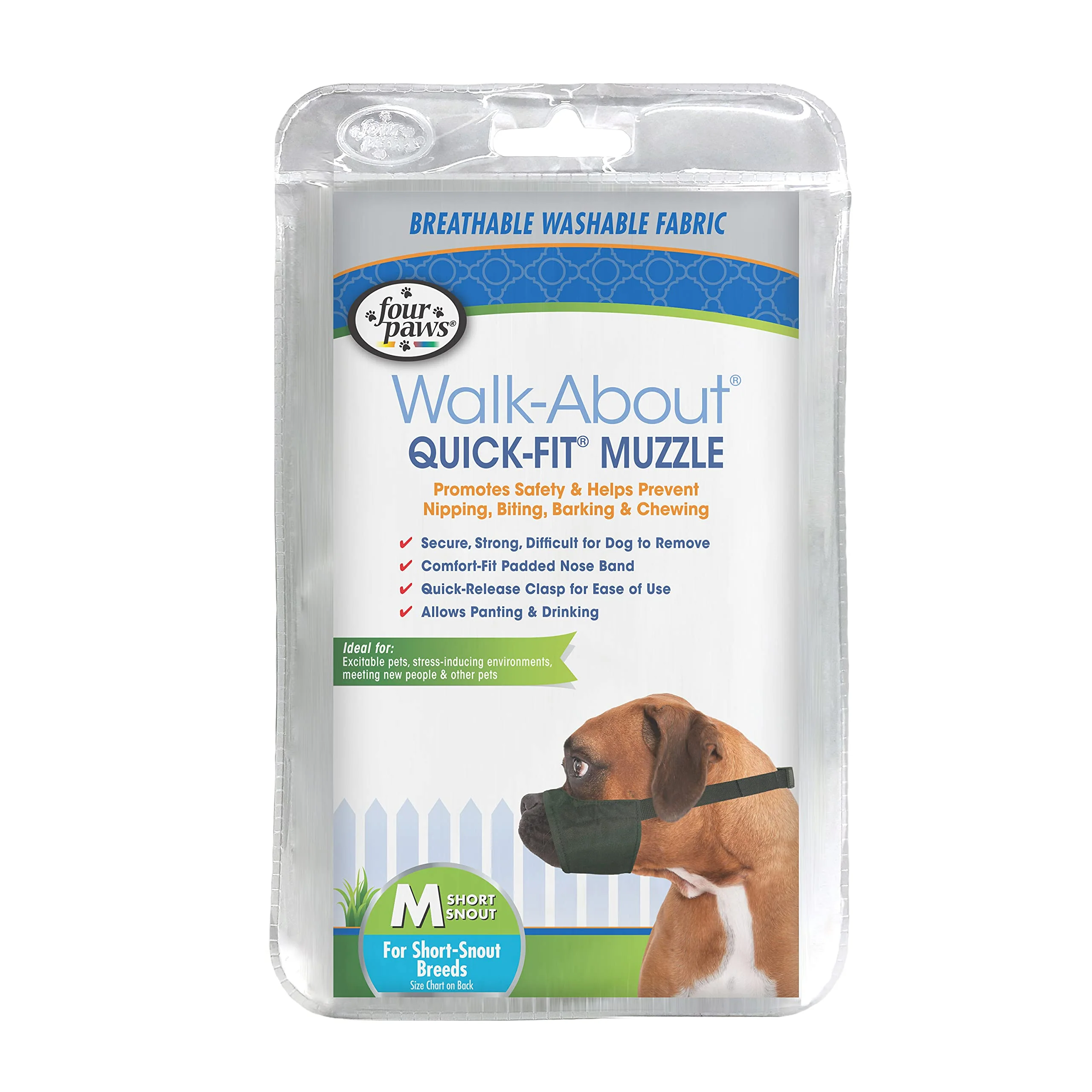 Exceptional Four Paws Walk-About Quick-Fit Short Snout Muzzle for Medium Dogs – Adjustable Washable High-End