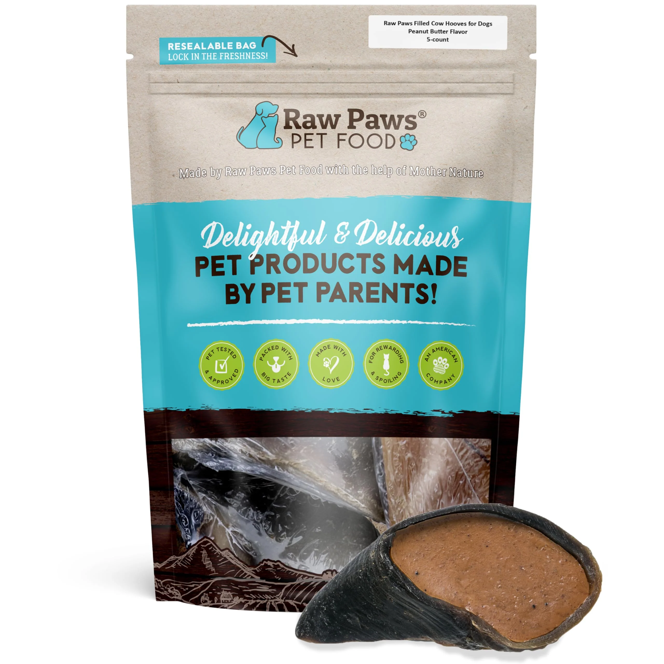 Official Raw Paws Filled Cow Hooves for Dogs – Peanut Butter Stuffed Beef Chews -Range 5-Count Original Design