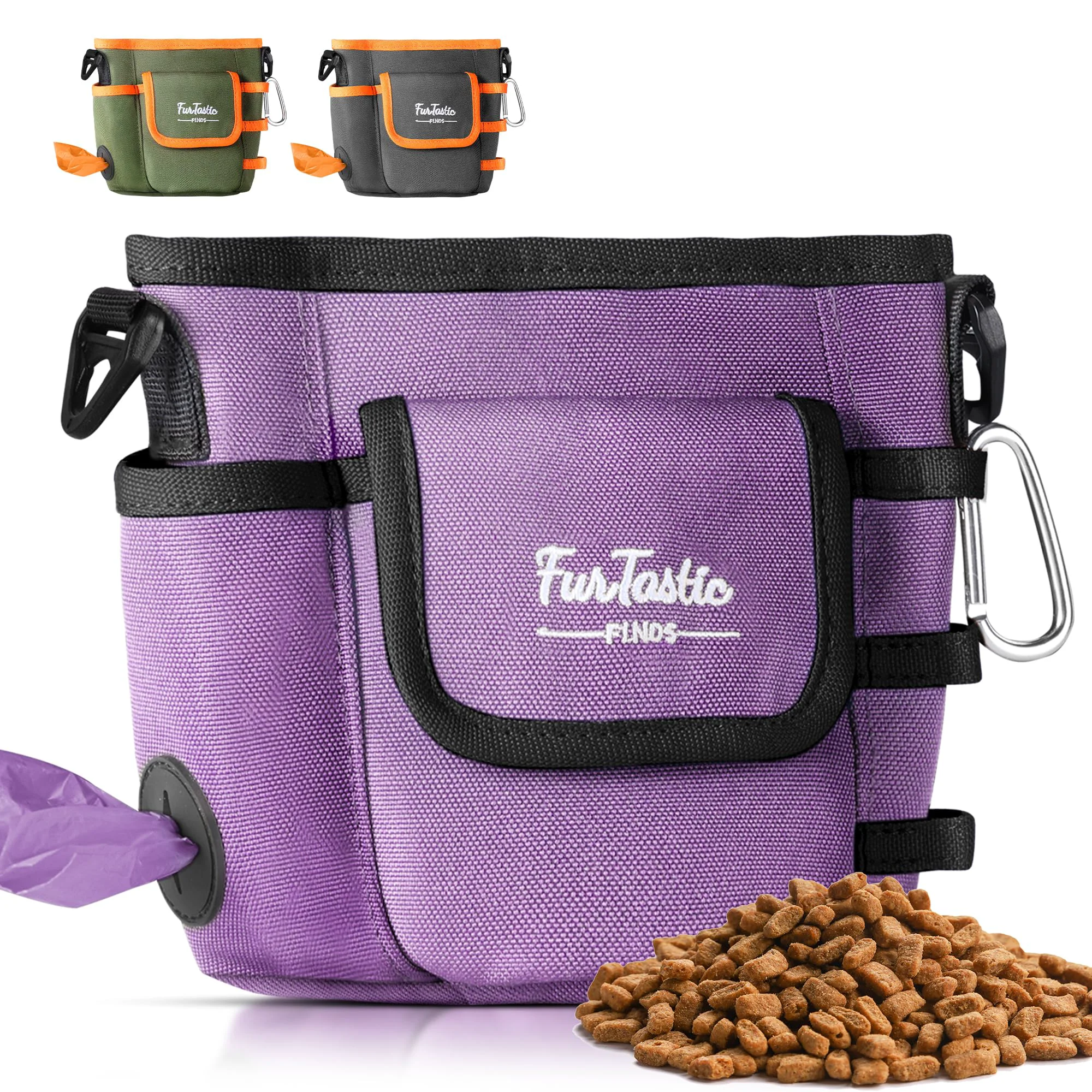Premium Material FurtasticFinds Dog Treat Pouch with Magnetic Closure 3-Way Wear 900D Waterproof 4 Storage Spaces Purple Classic