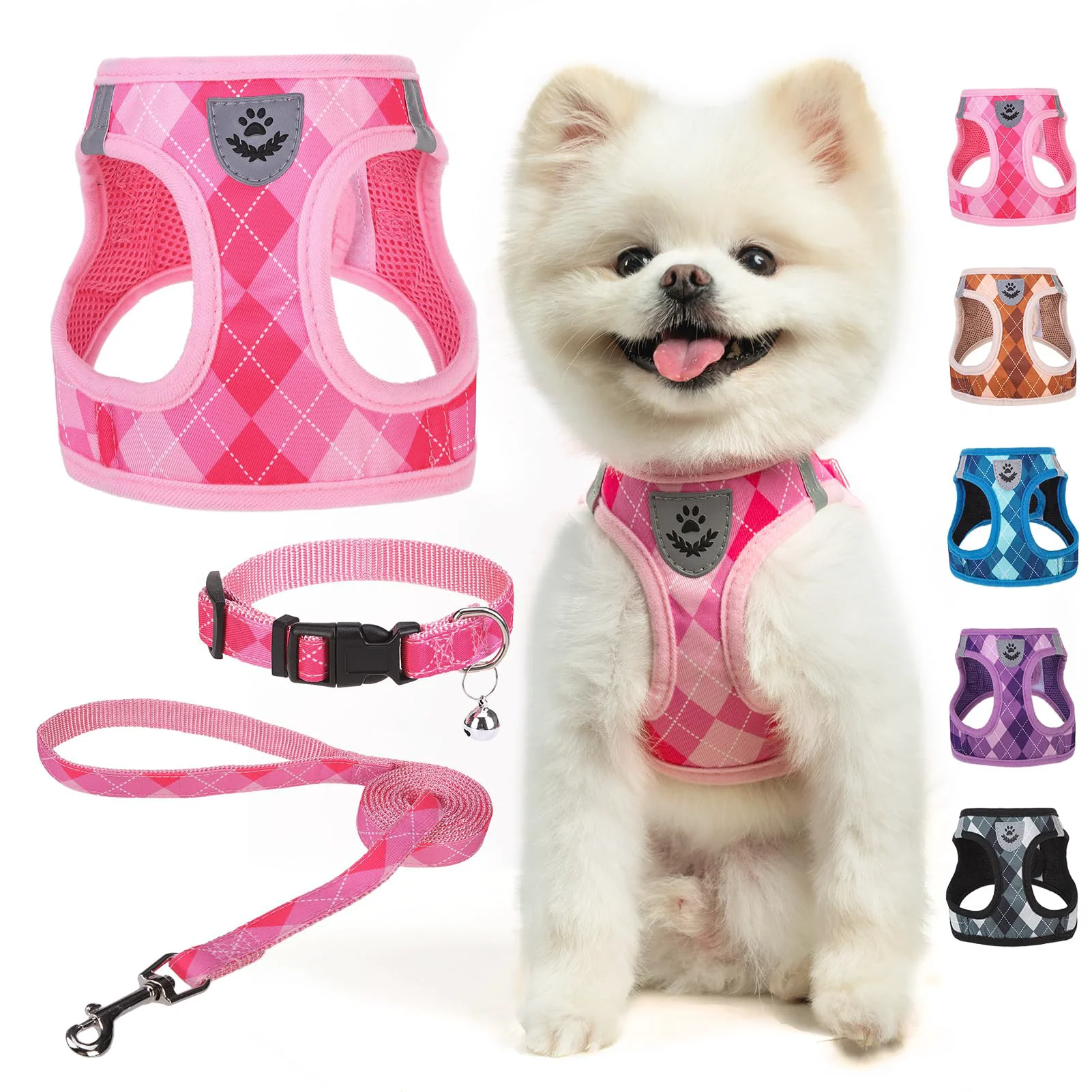 Verified SCENE Small Dog Harness Leash Set – Pink Plaid No-Pull Step-In Comfort Exclusive