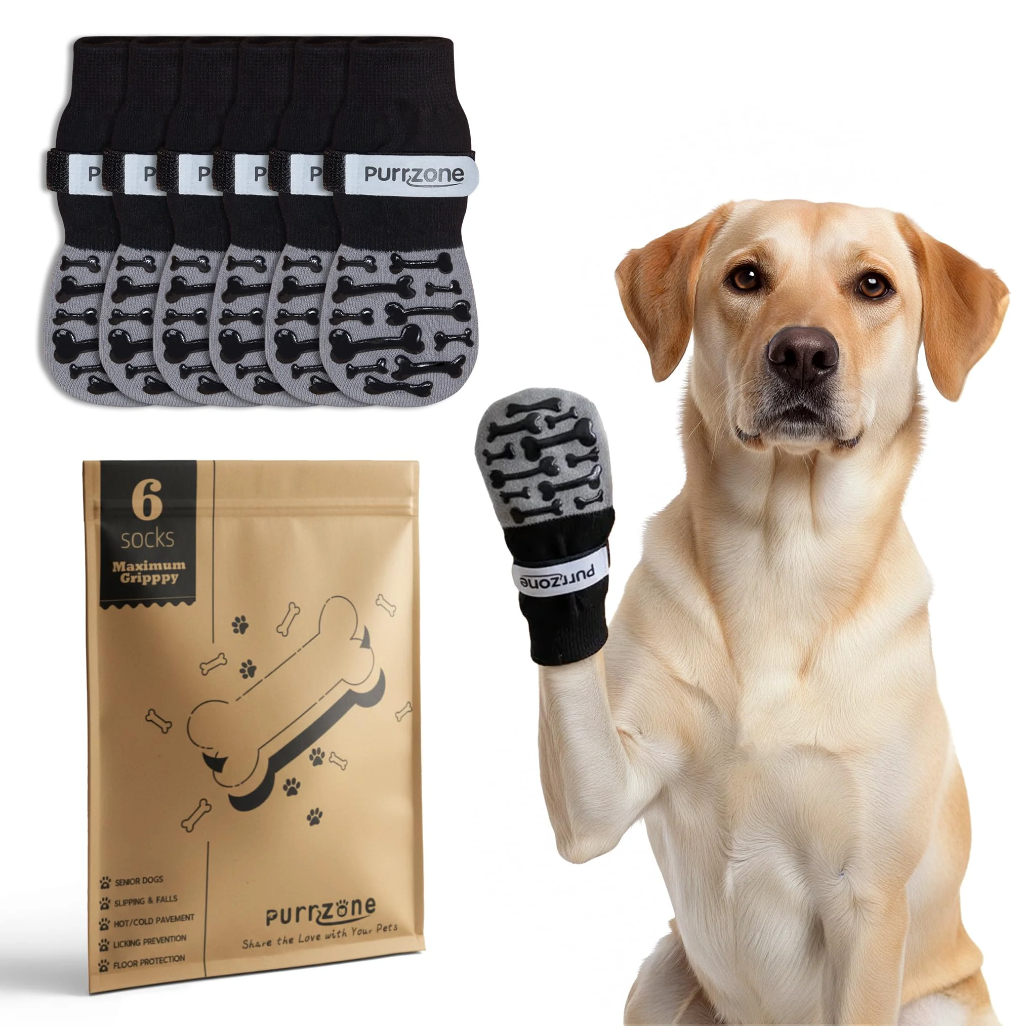 Premium Material Purrzone 6-Pk Non-Slip Dog Socks with Bone Grips – Indoor Outdoor Paw Protection Large Modern Grey Traditional