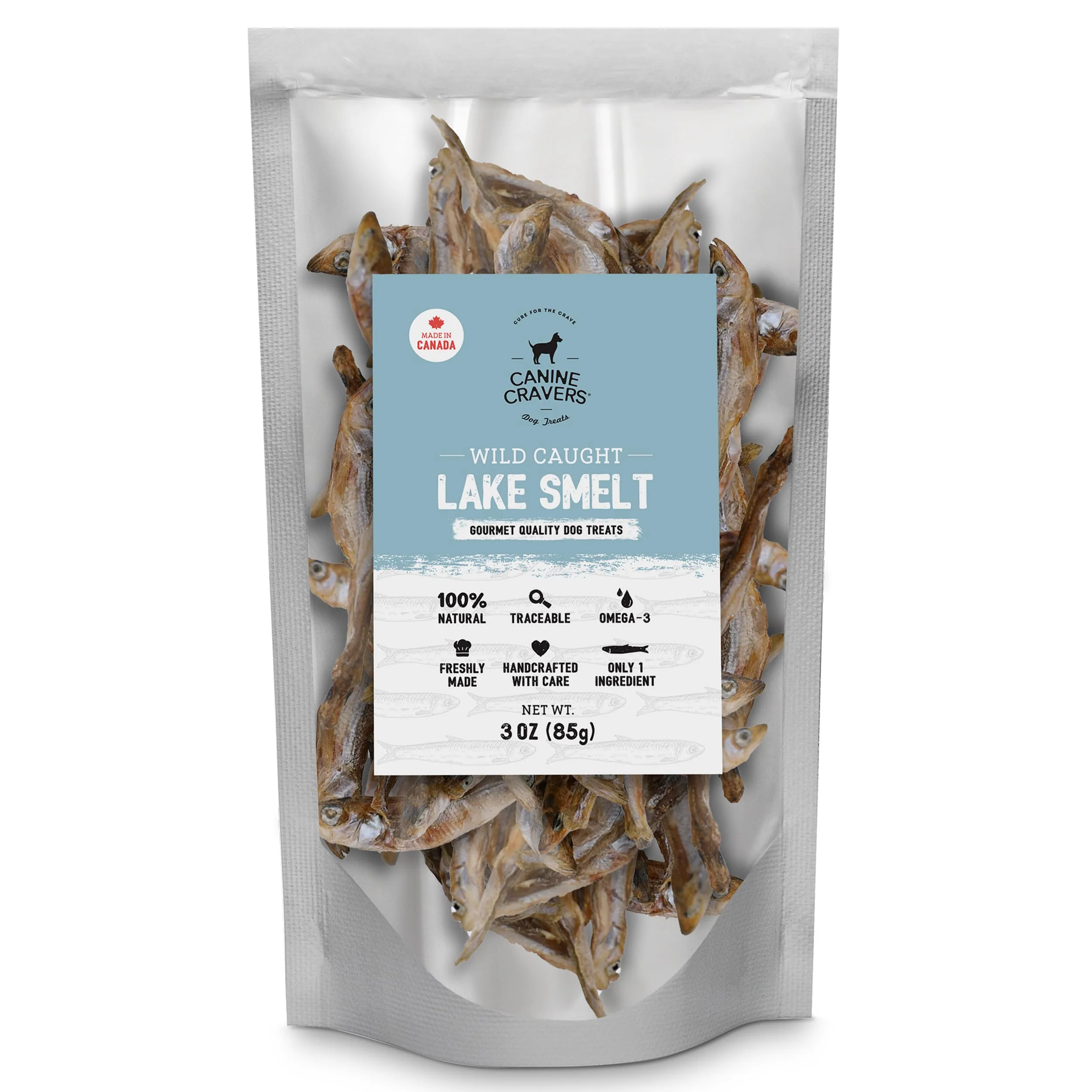 Artisan Cure for the Crave Canine Cravers – Wild Caught Lake Smelt Single-Ingredient Dog Treats Air-Dried Grain Gluten Soy 3 oz Reusable