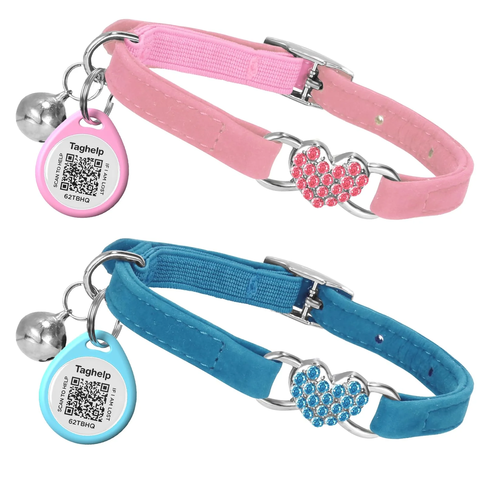 Organic Taghelp 2 Pack Heart Bling Cat Collar with Bell Crystal Heart – Adjustable Velvet Safe Collars Blue Pink Detailed