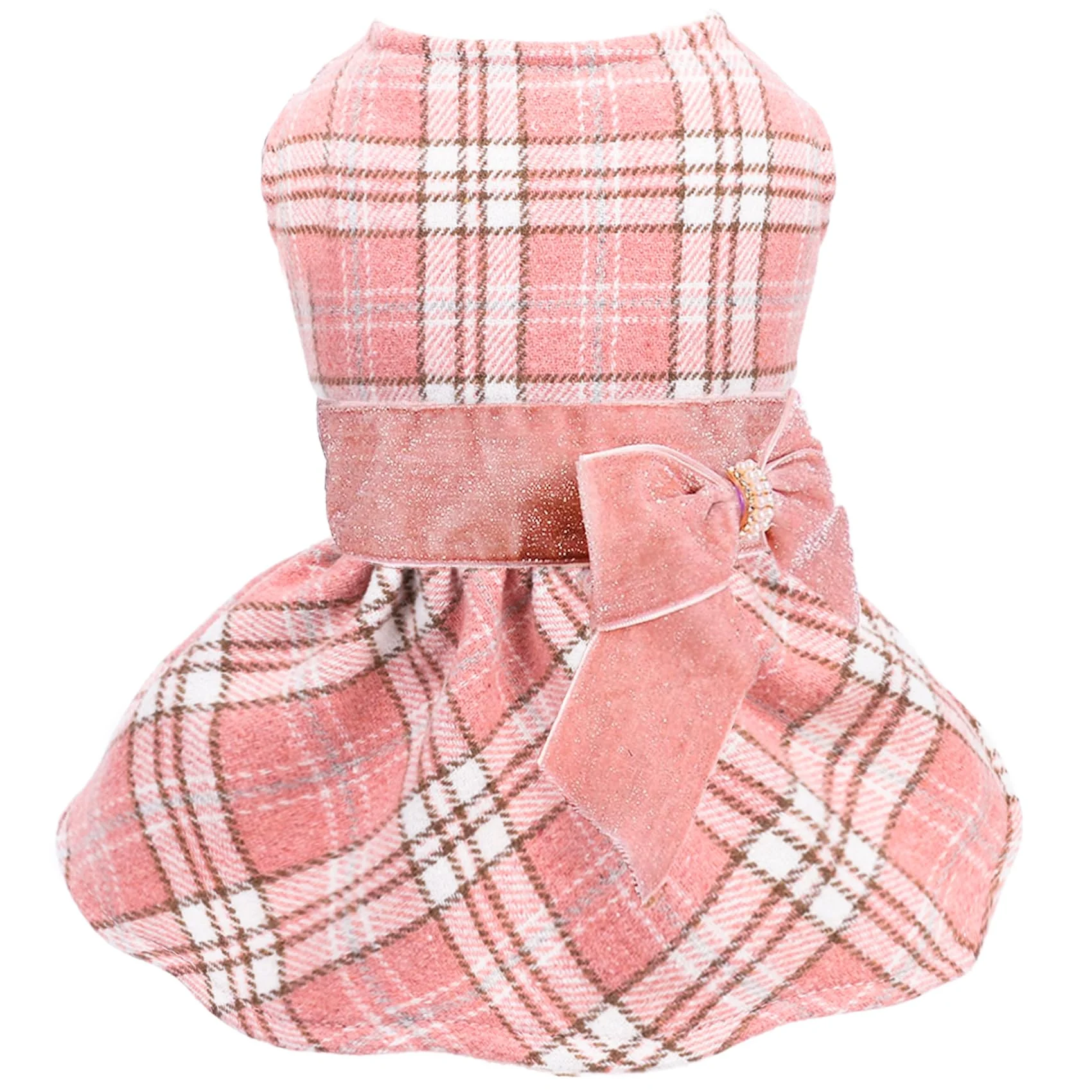 Stylish Yikeyo Fleece-Lined Plaid Dog Dress with Bow-Knot – Pink XS Winter Outfit Practical