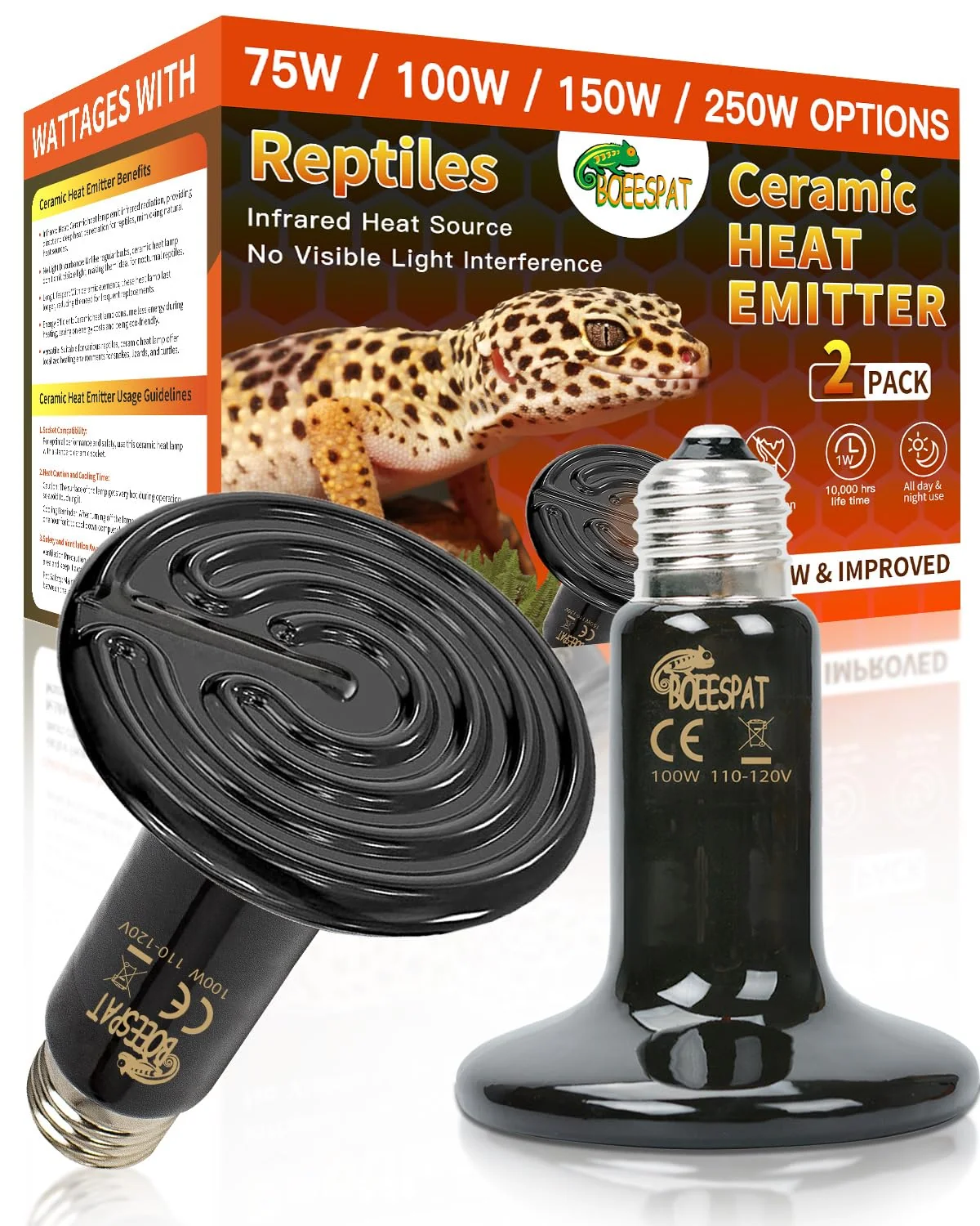 Elegant BOEESPAT 100W Ceramic Heat Emitter for Day and Night Use Pack of 2 Reptile Basking Heat Lamp for Bearded Dragon Lizard Iguana Amphibians Black 100 Watts Effective