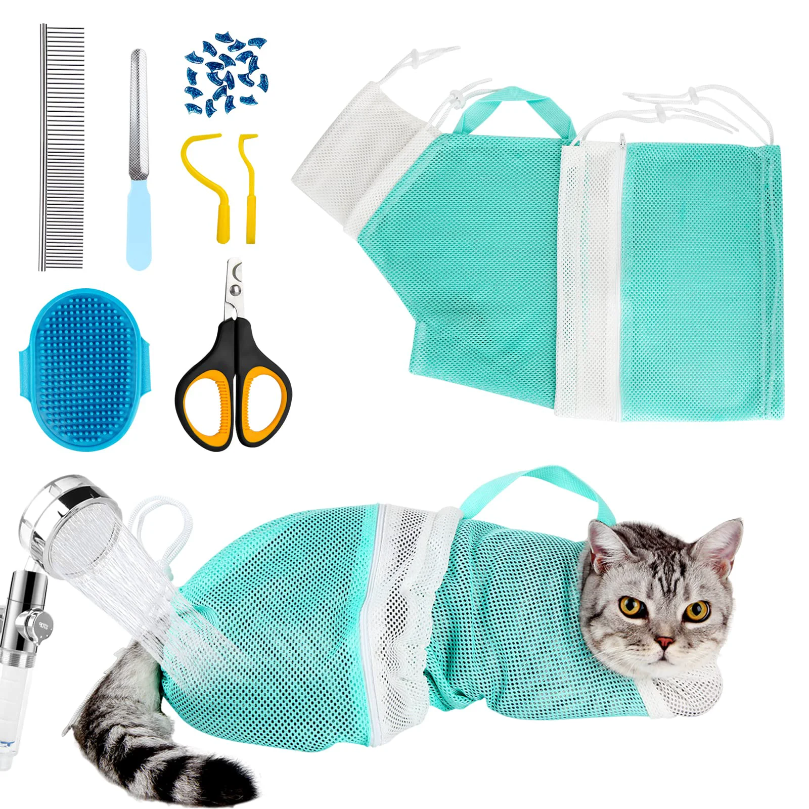 Genuine Ameami Cat Bathing Bag 8-Piece Grooming Kit — Adjustable Net Bag Brush Clippers Nail Caps Secure