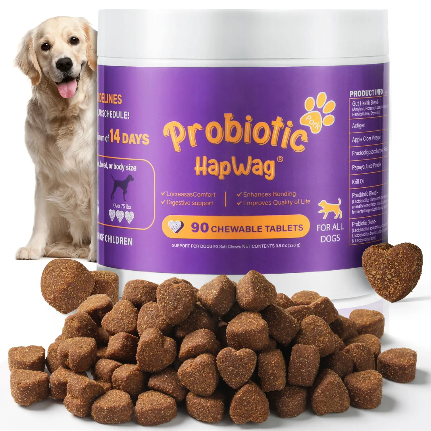 Recyclable HAPWAG Probiotics for All Dogs — Pork Flavor Soft Chews Digestive Support 90 Count Easy-to-Use