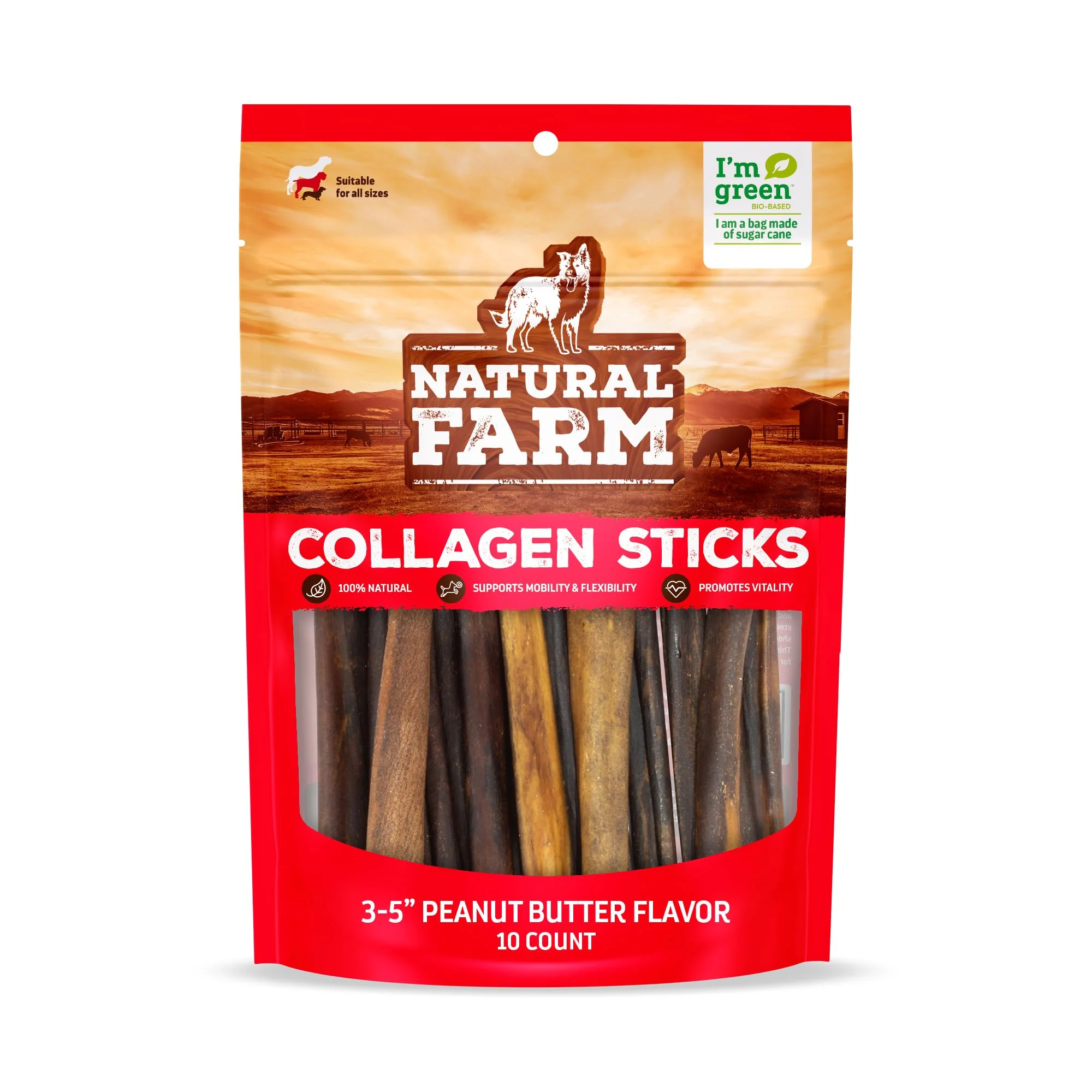 Lightweight Natural Farm Peanut Butter Flavor Collagen Sticks for Dogs 3-5 Inch 10 Pack – Long-Lasting Beef Chews with Chondroitin Glucosamine Rawhide Low-Fat Dental Treats Reliable