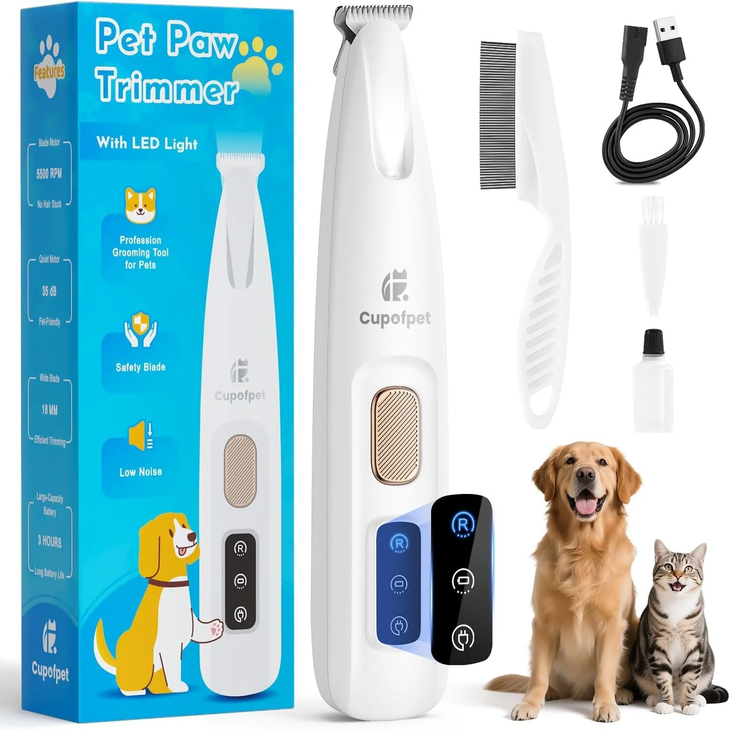 Modern Cupofpet Dog Paw Trimmer with LED Light – 2025 Upgraded Safe Electric Grooming for Dogs Cats Easy-to-Use