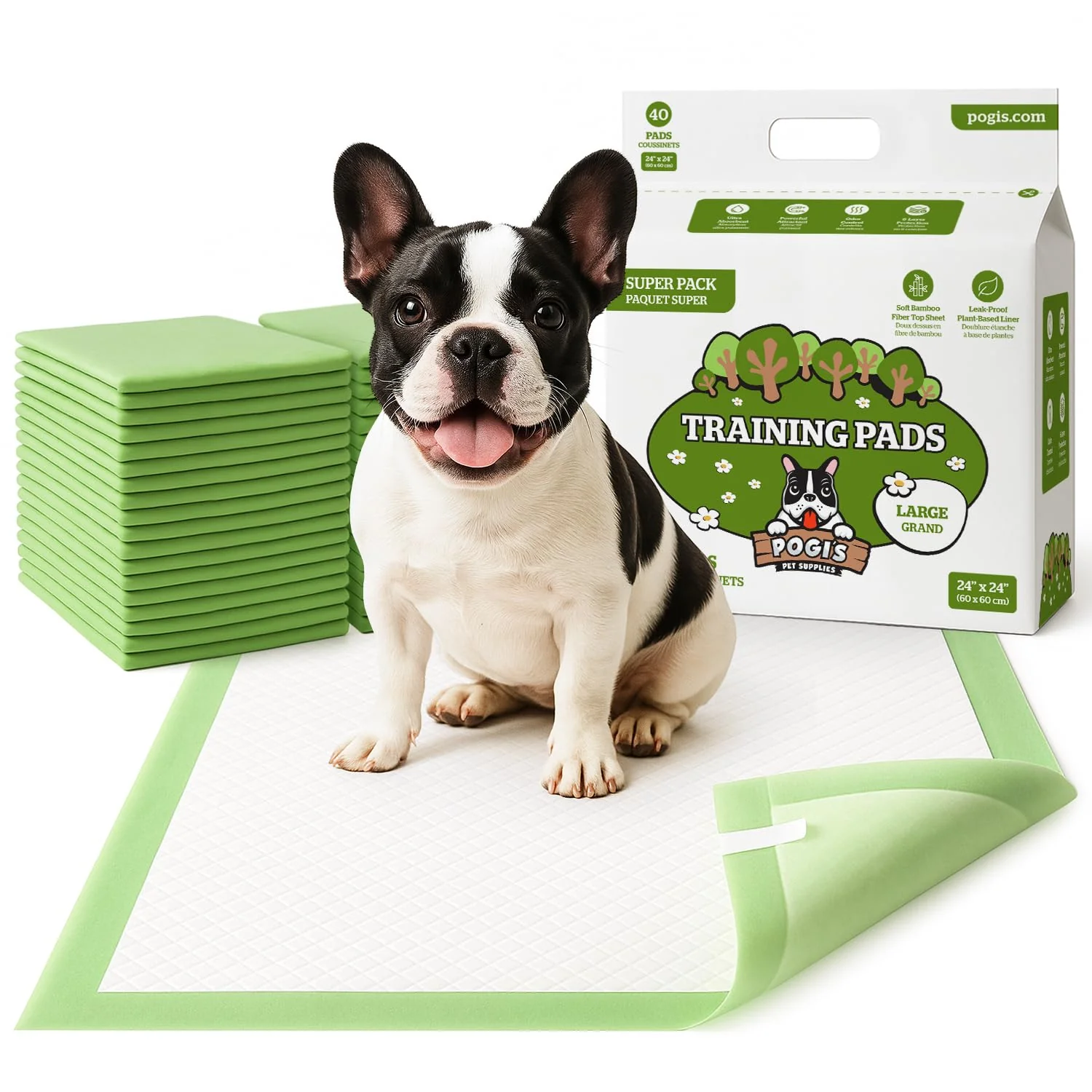 Fine Crafted Pogi s Dog Pads with Sticky Tabs – Large 24×24 in 20-Count Ultra-Absorbent Odor Blocking Powerful