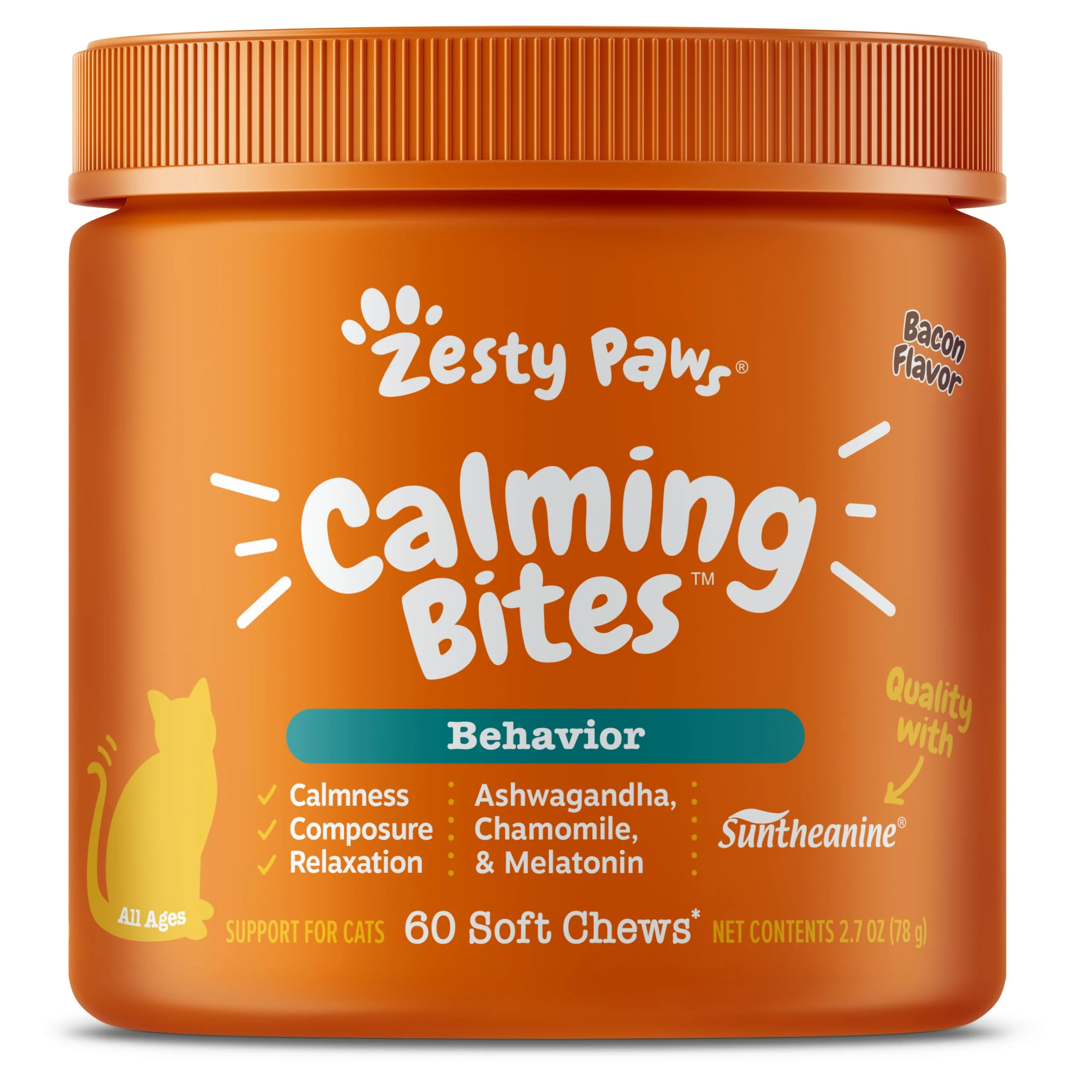 Fashionable Zesty Paws Calming Chews for Cats – Bacon Flavor with Ashwagandha Chamomile L-Theanine First-Class