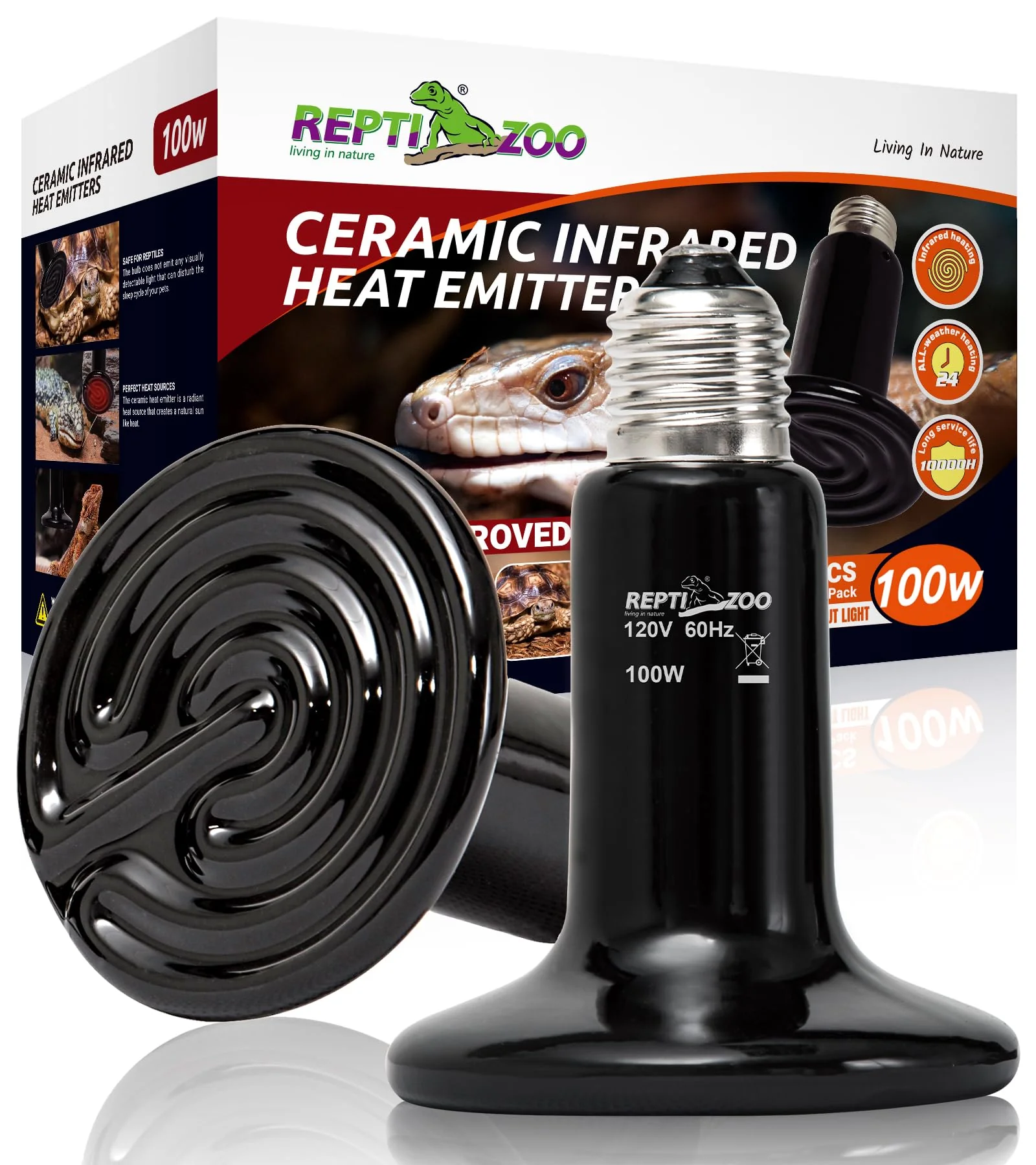 Artisan REPTI ZOO 100W Ceramic Heat Emitter 2-Pack — Reptile Heat Lamp for Terrariums E26 Efficient