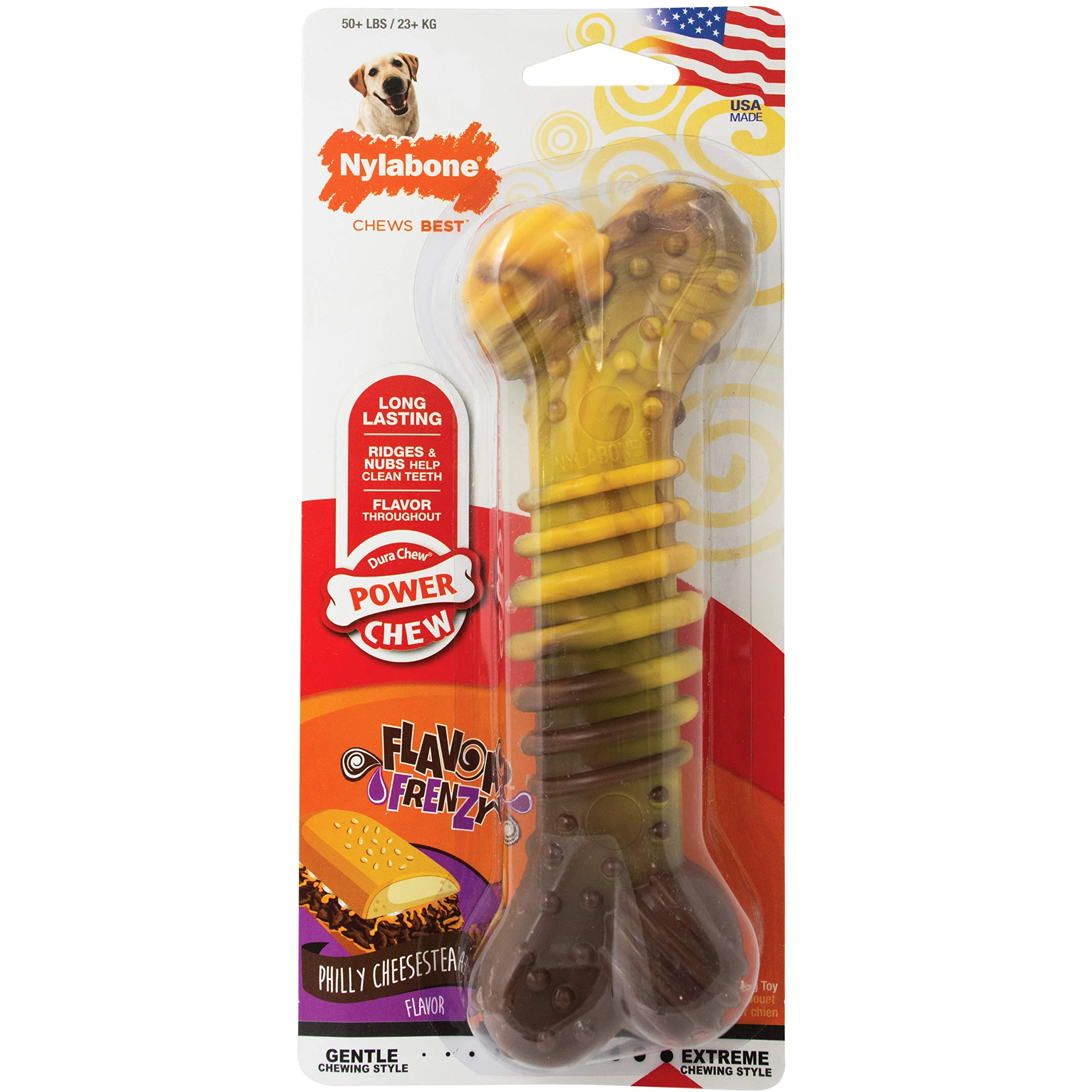 Versatile Nylabone Flavor Frenzy Dental Bone Power Chew Toy for Aggressive Chewers — Philly Cheesesteak X-Large Classic