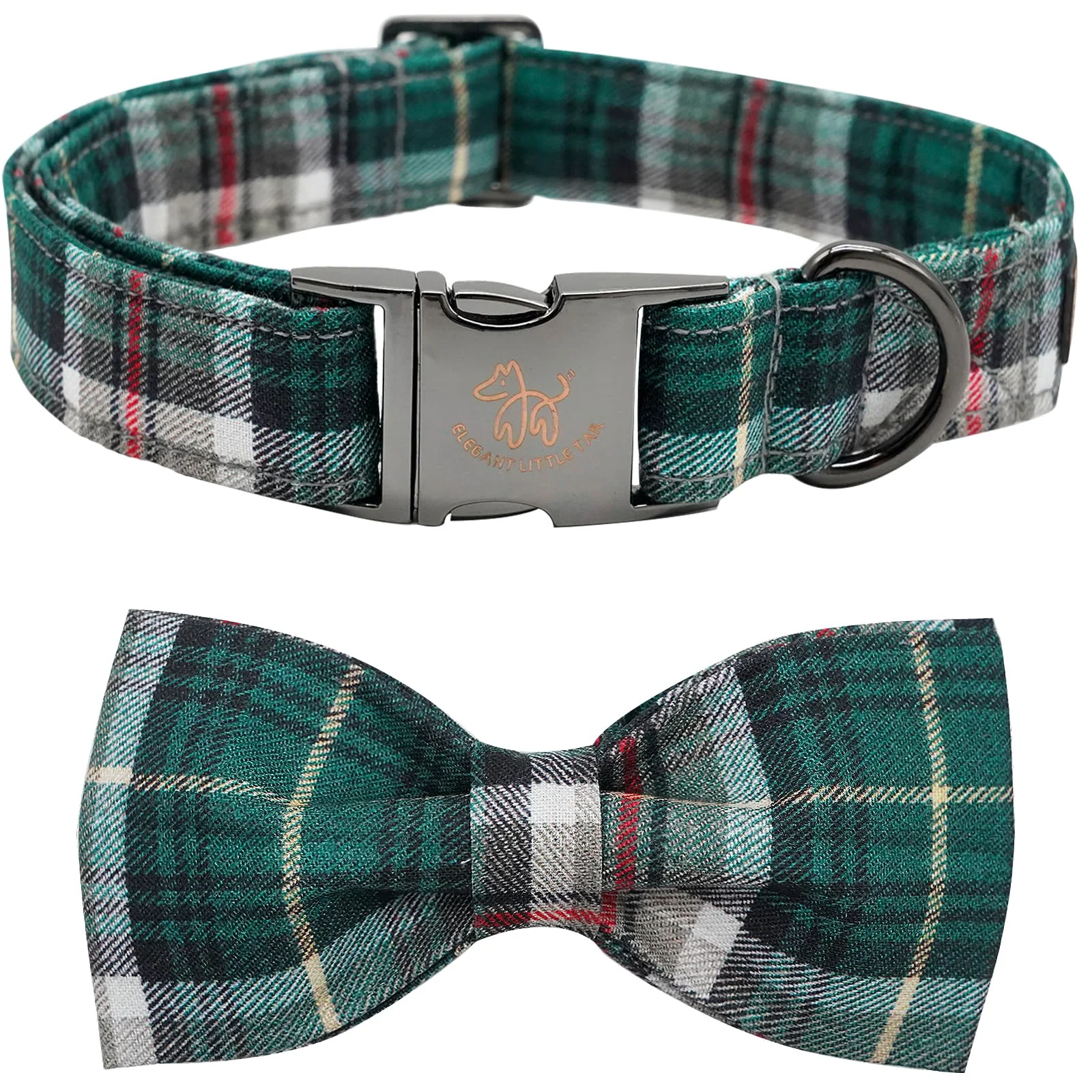 Elegant Little Tail Dog Collar With Bow — Christmas Plaid for Medium Dogs Adjustable Artisan