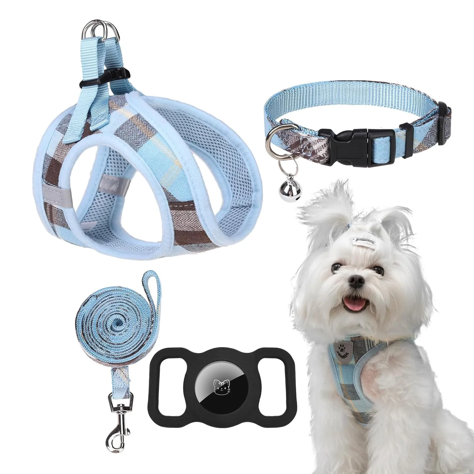 Verified EXPAWLORER Classic Plaid Puppy Harness — No-Pull Vest with Leash AirTag Holder Small Dogs – Blue Refined