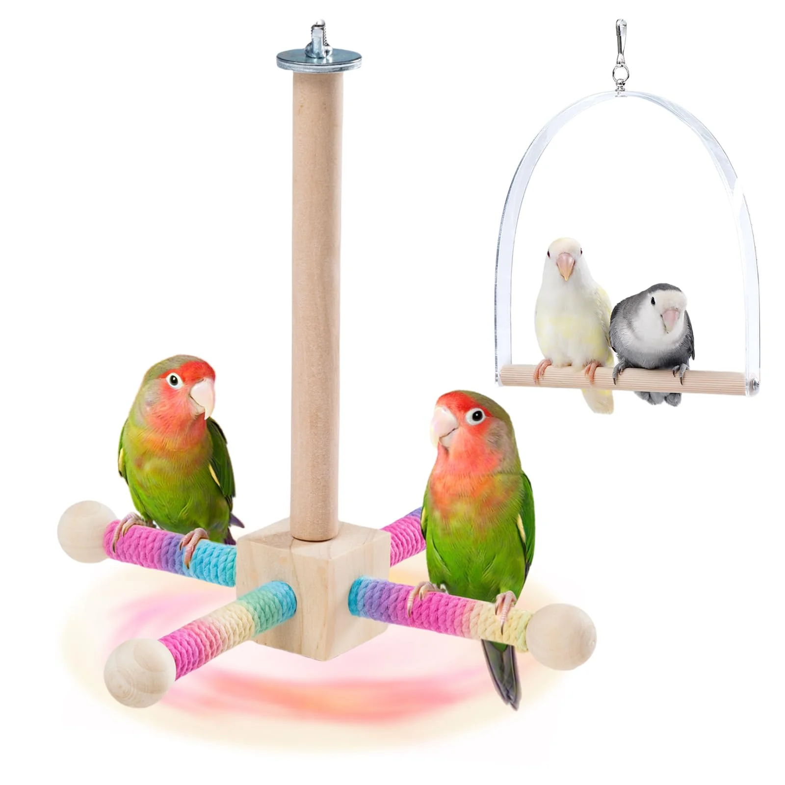 Fashionable JONS NTY 9-Inch Hanging Bird Perch Toy — 360° Silent -Spin Natural Wood for Parrots Small Birds Secure
