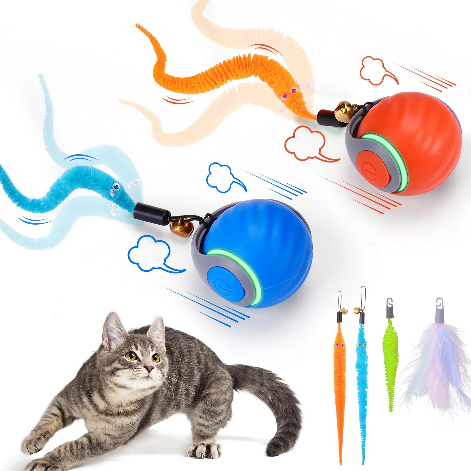 High-Quality BABORUI 2Pack Interactive Cat Toy Ball — 3 Tails 2 Speeds Indoor Enrichment Smooth