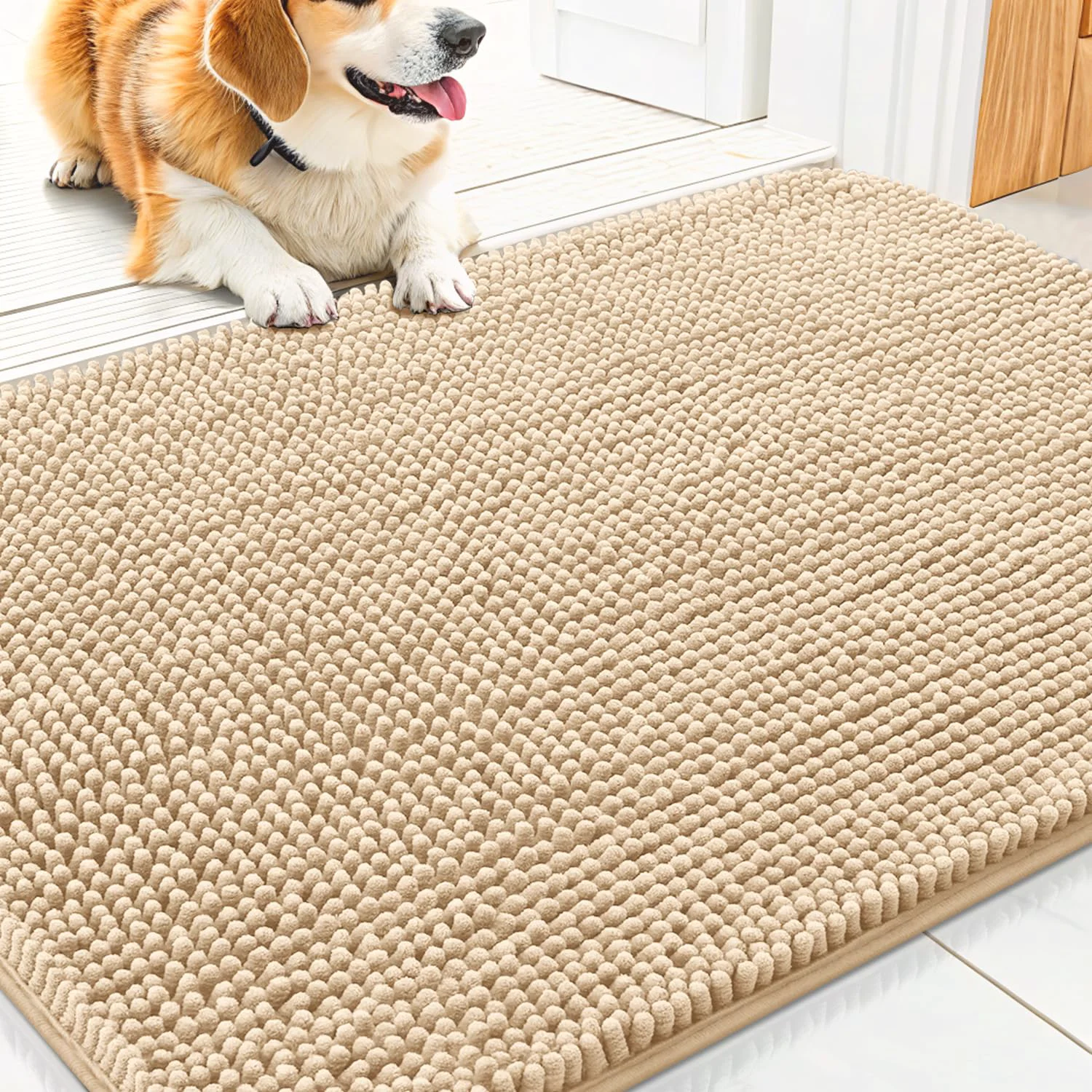 Sustainable Smiry Dog Door Mat 30×17 – Absorbs Moisture Dirt Non-Slip Chenille Beige Traditional