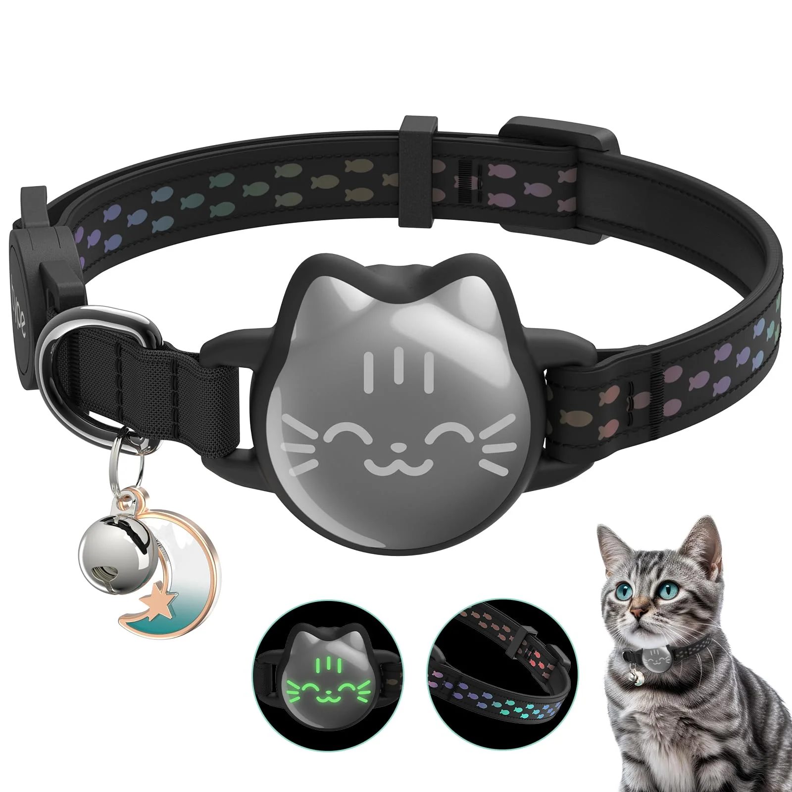 Flexible Typecase Waterproof Airtag Cat Collar Breakaway Reflective Fish Pattern Hidden GPS Holder Stylish