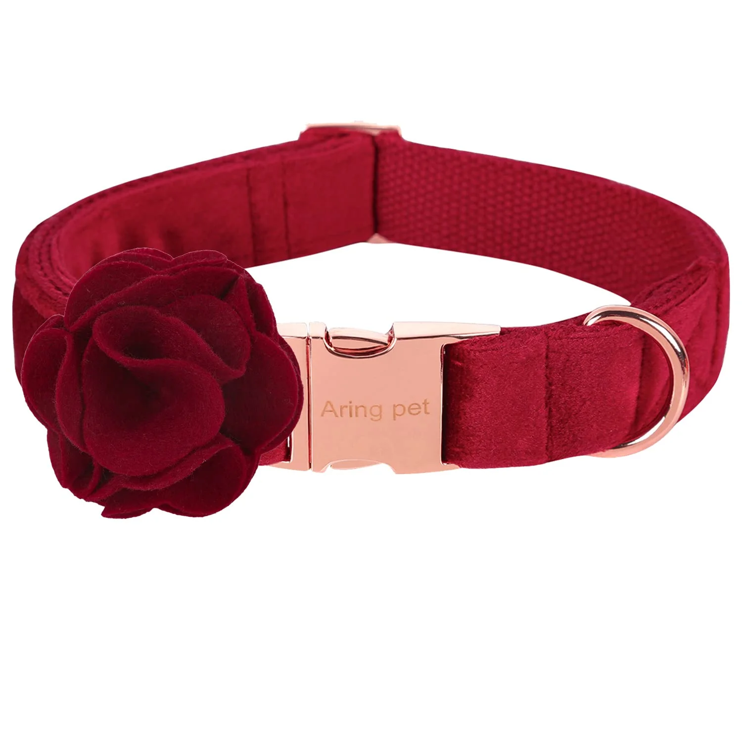 Expertly Made ARING PET Velvet Dog Collar – Christmas Red with Detachable Felt Flower Metal Buckle Functional