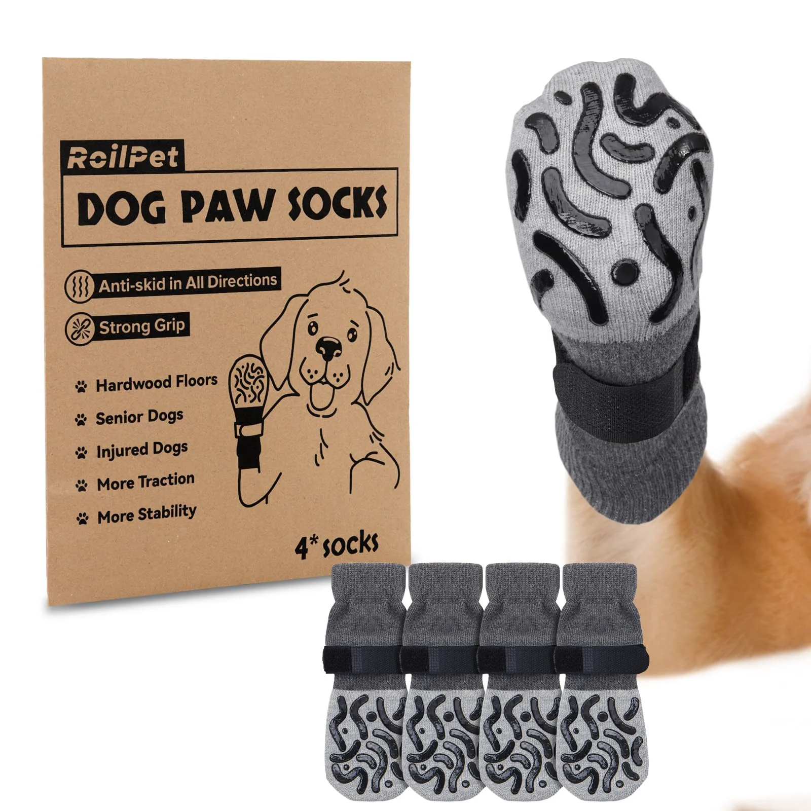 First-Class Roilpet Double Sides Non-Slip Dog Socks Size M Paw Protection Traction on Hardwood Floors 4-Pack Elite
