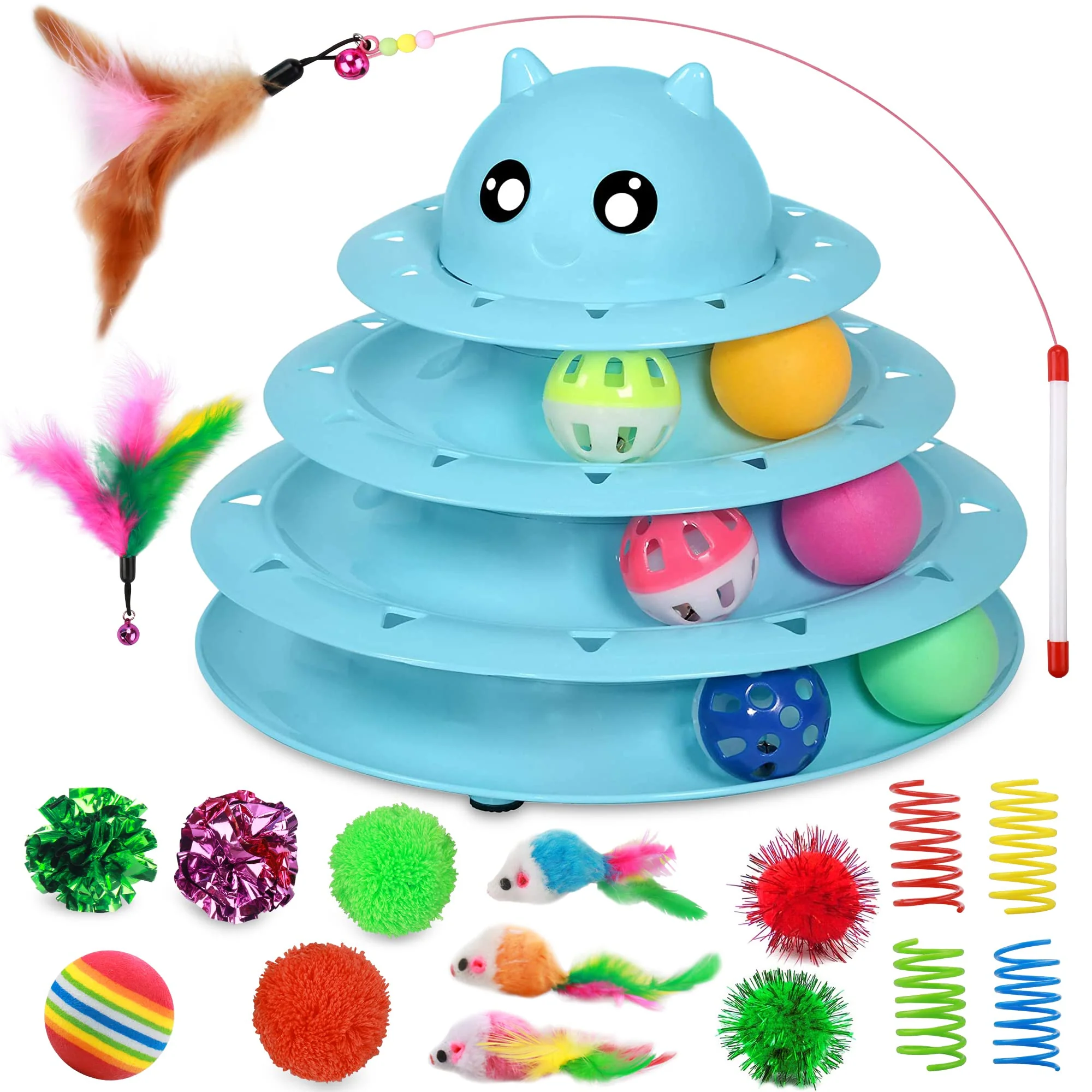Innovative UPSKY 20-Piece Cat Toy Set 3-Level Turntable Roller Teaser Wand for Indoor Cats Pure