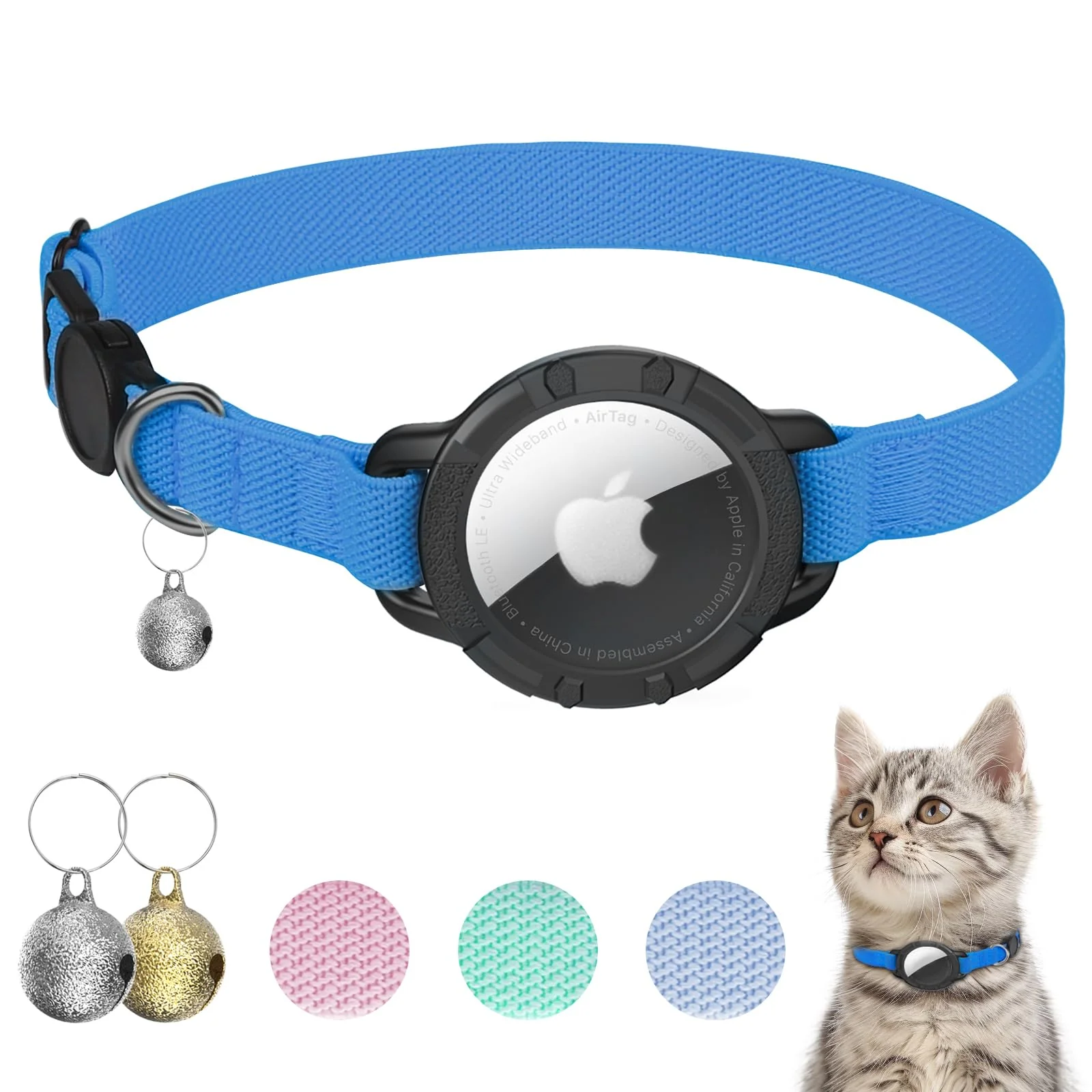 Fine Crafted Sucegi AirTag Cat Collar with Elastic Breakaway – Sapphire Blue 7.5–12.5 in AirTag Holder Bell Flexible
