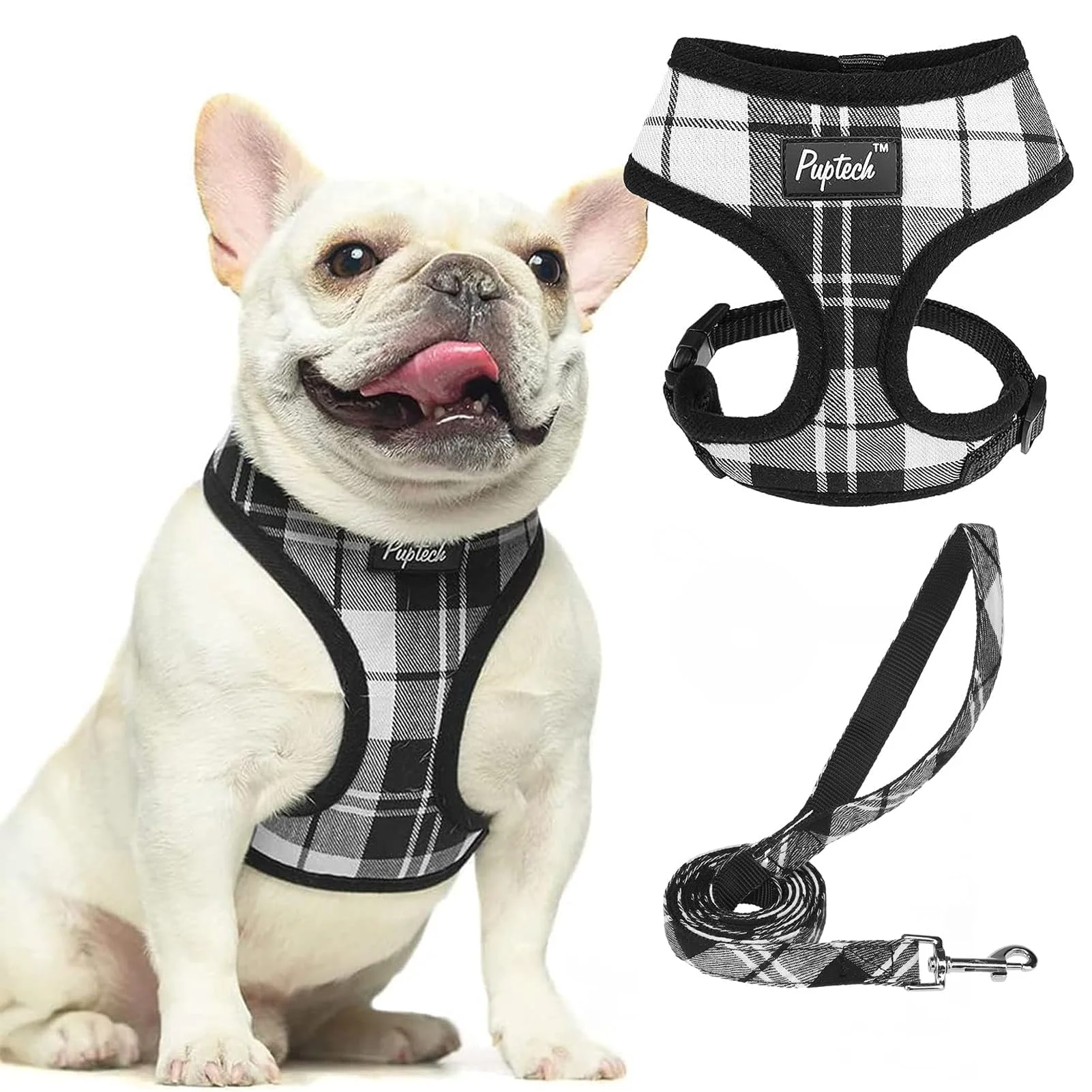 Exceptional PUPTECK Soft Mesh Dog Harness Leash Set – No-Pull Comfort Vest Plaid Black White Size L Advanced