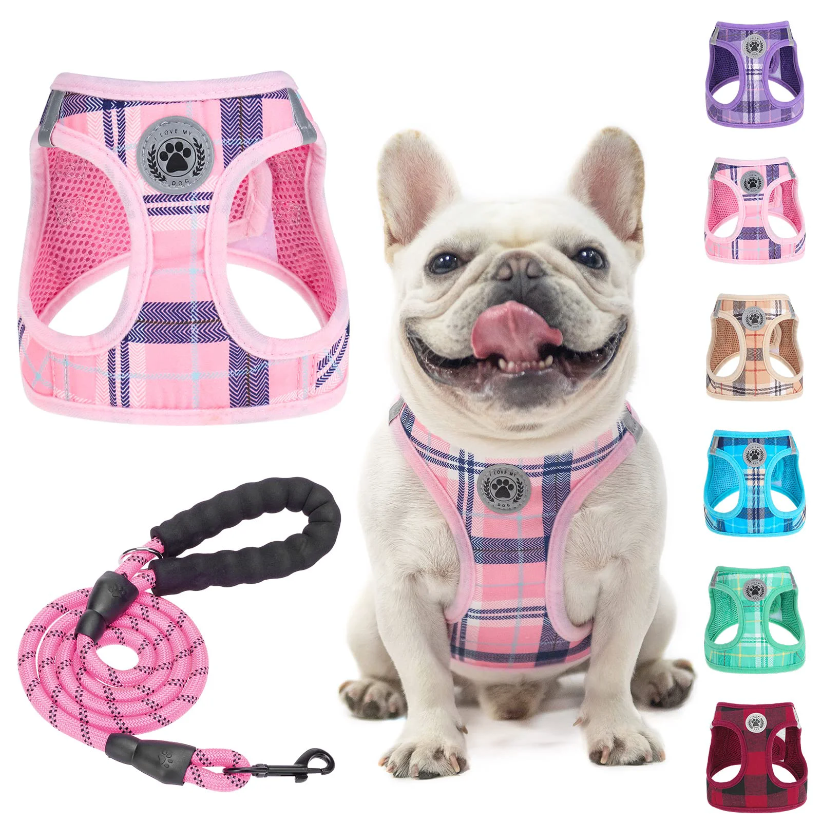 Carefully Designed BEAUTYZOO Small Dog Harness Leash Set — No Pull Step-In Vest with Reflective Plaid Pink Sophisticated