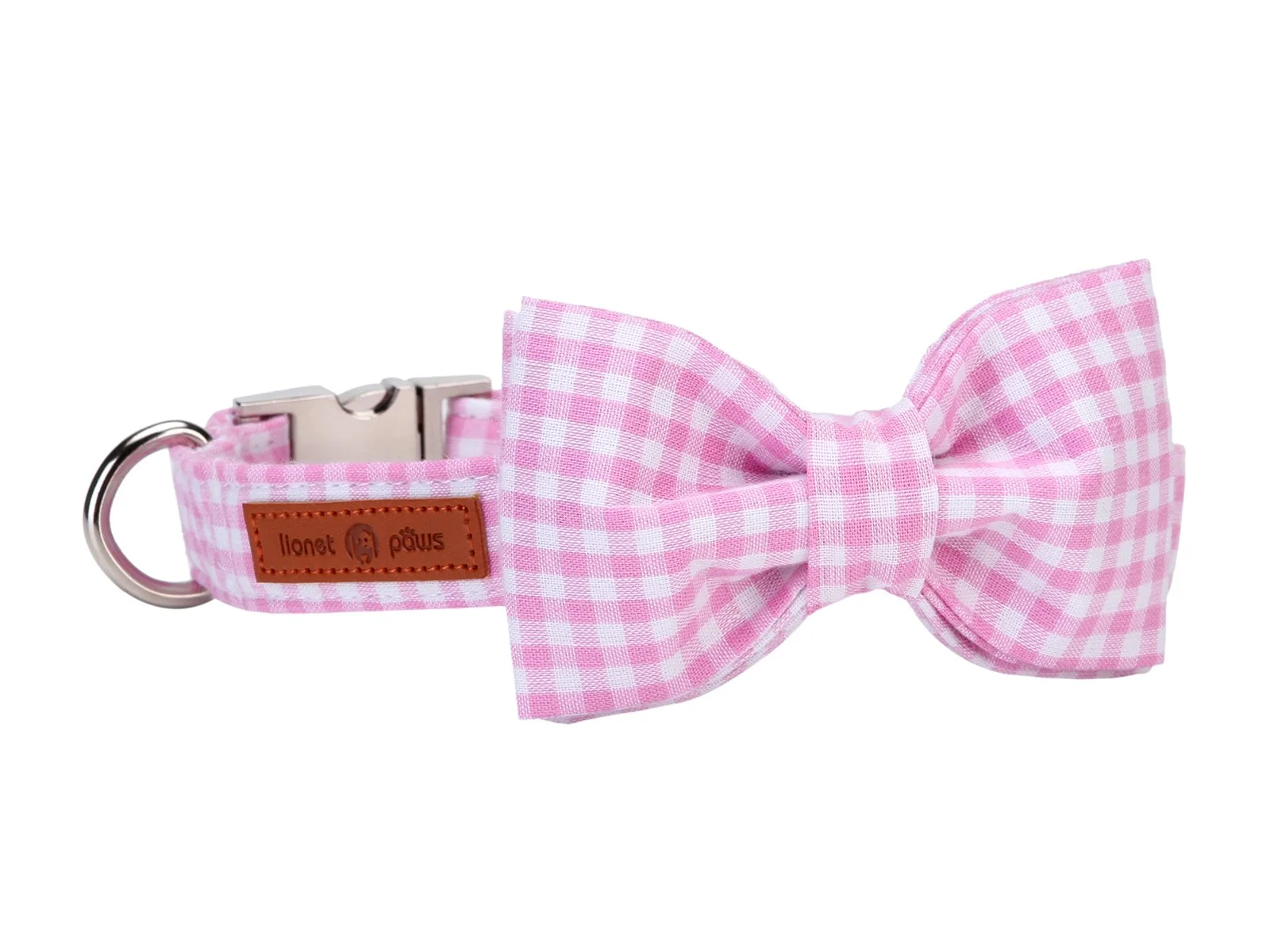 Elegant Lionet Paws Dog Collar with Bowtie – Pink Gingham Adjustable Medium 13.5-22 in Refined