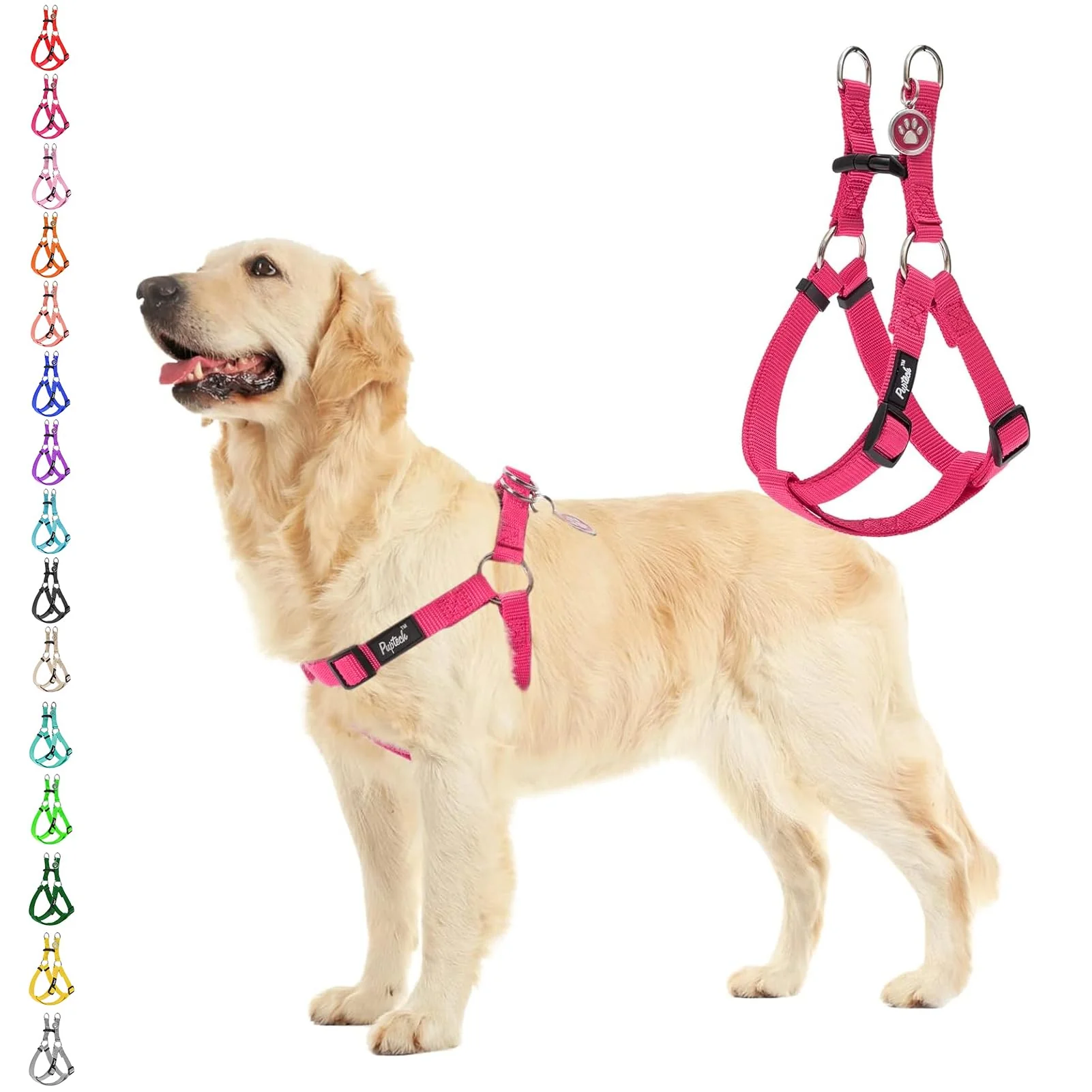 Exclusive PUPTECK No Pull Dog Harness – Soft Adjustable Nylon Step-In Vest with ID Tag Deep Pink Relaxed