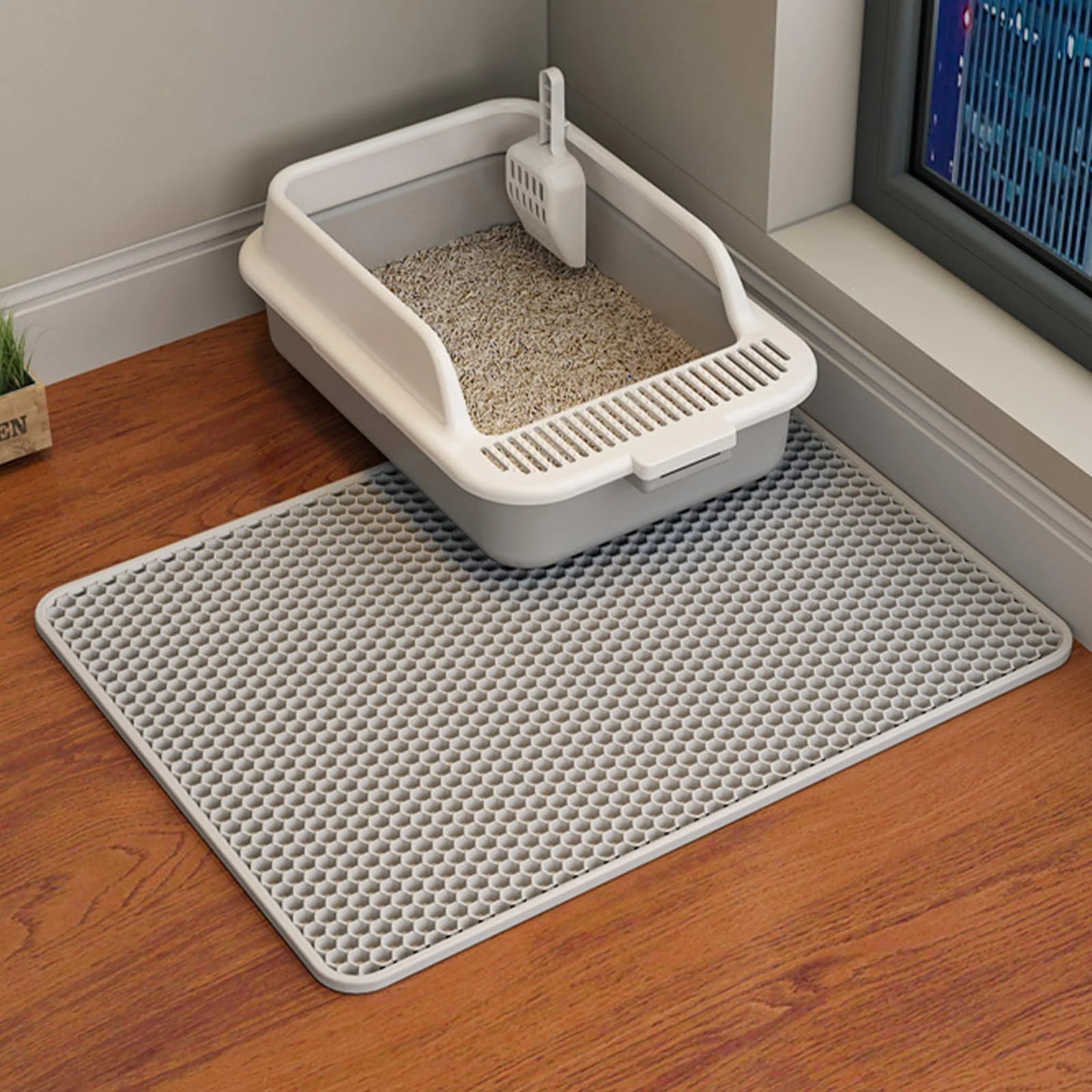 Professional HCY WLD Cat Litter Mat – Double Layer EVA Waterproof Non-Slip 24×18 in Gray Smart