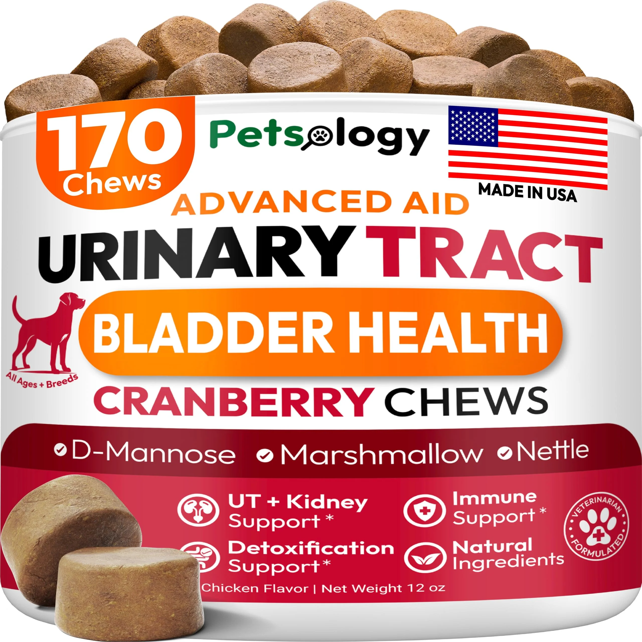 Certified Petsology Dog UTI Chews – Cranberry D-Mannose Urinary Health Multivitamin Elegant