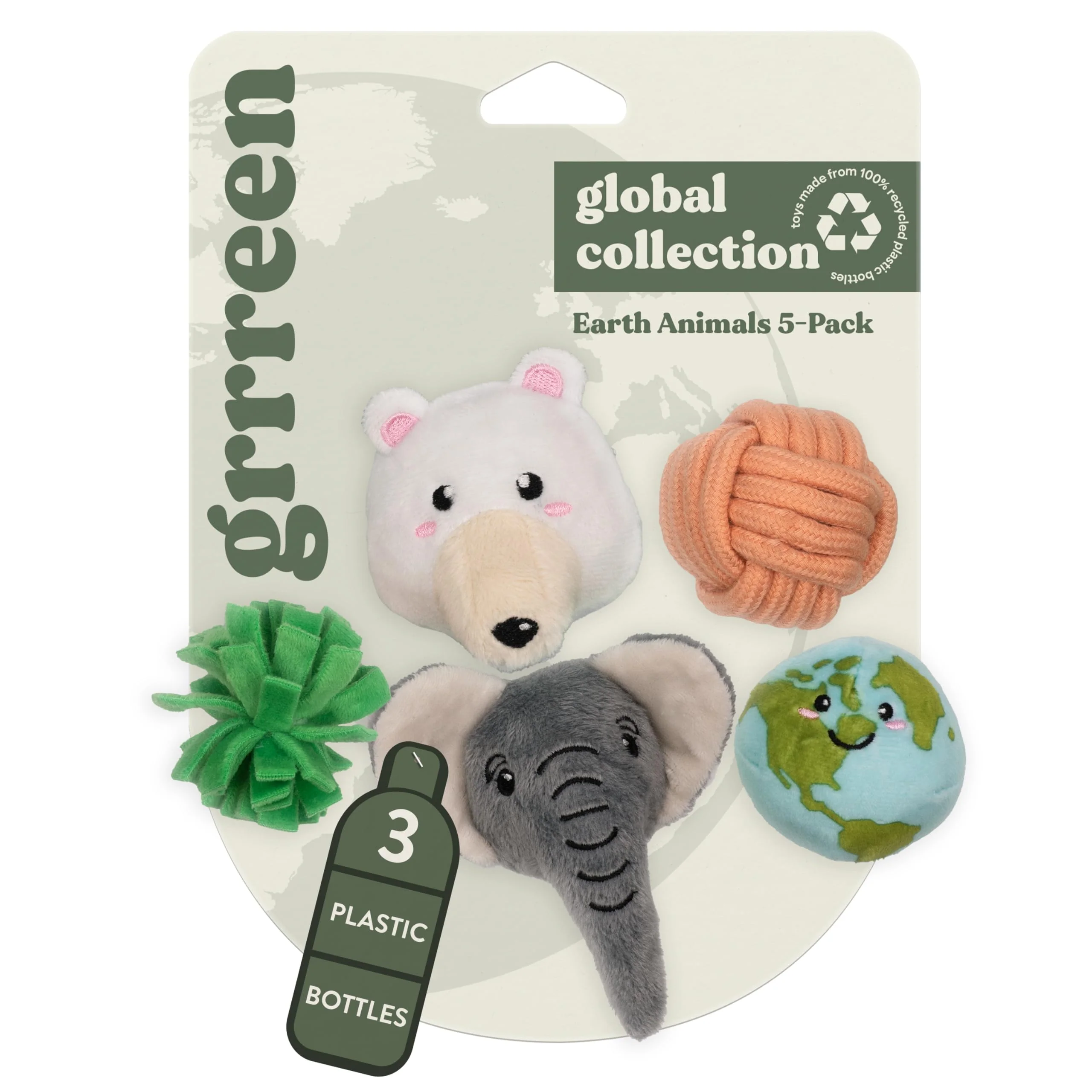 Elegant GRRREEN Cat Toys Plush Earth Animals 5-Pack for Indoor Cats Eco-Friendly Recycled Materials Functional