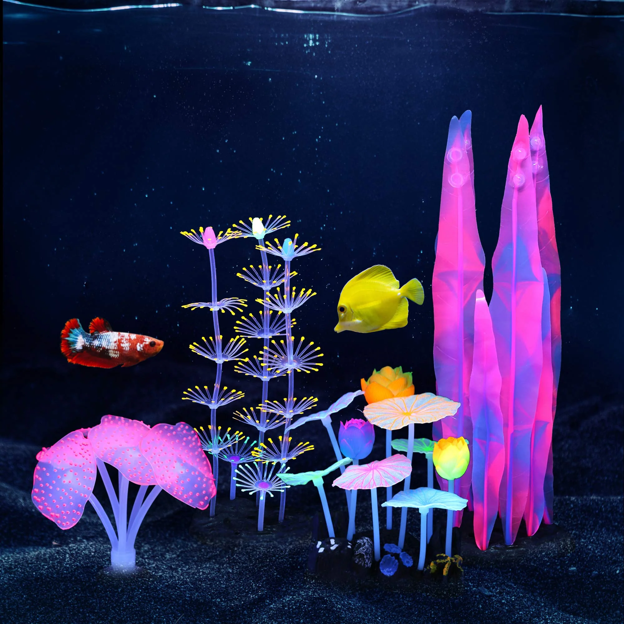 Sustainable Lpraer Glow Aquarium Decorations 4 Pack – Coral Anemone Lotus Leaf Seaweed High-End
