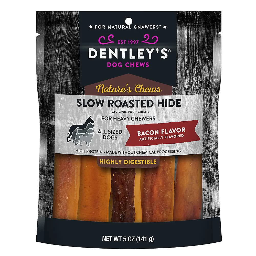 Sustainable Dentley Dently Nature’s Chews Slow-Roasted Hide Bacon Flavor for Heavy Chewers – 5 oz Bag 1-Doggie Waste Roll Fast