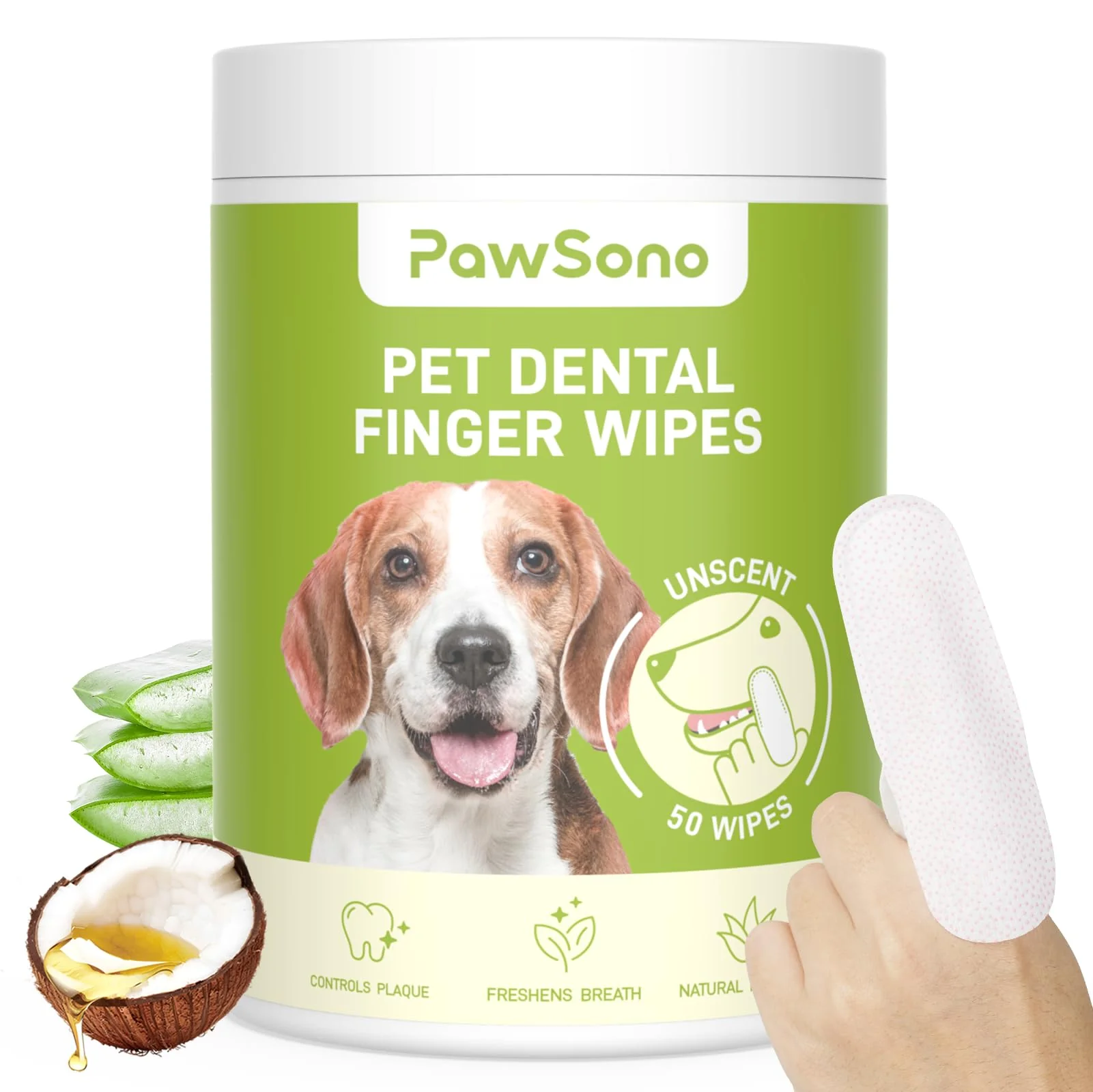 Stylish PawSono Dog Teeth Cleaning Wipes — Fresh Breath Pet Dental Wipes for Dogs Cats Lick-Safe Unscented 50 Count Proven