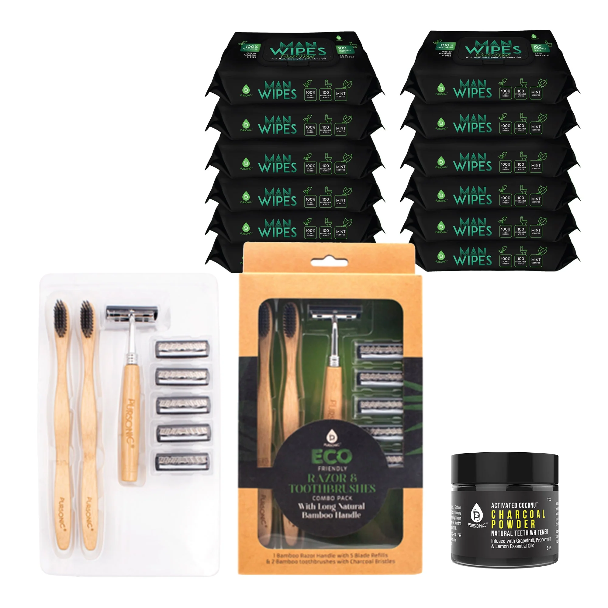 Quality Paquete de artículos esenciales para el cuidado personal Maquinilla de afeitar ecológica Toallitas húmedas desechables para hombre Polvo de carbón de coco activado Detailed