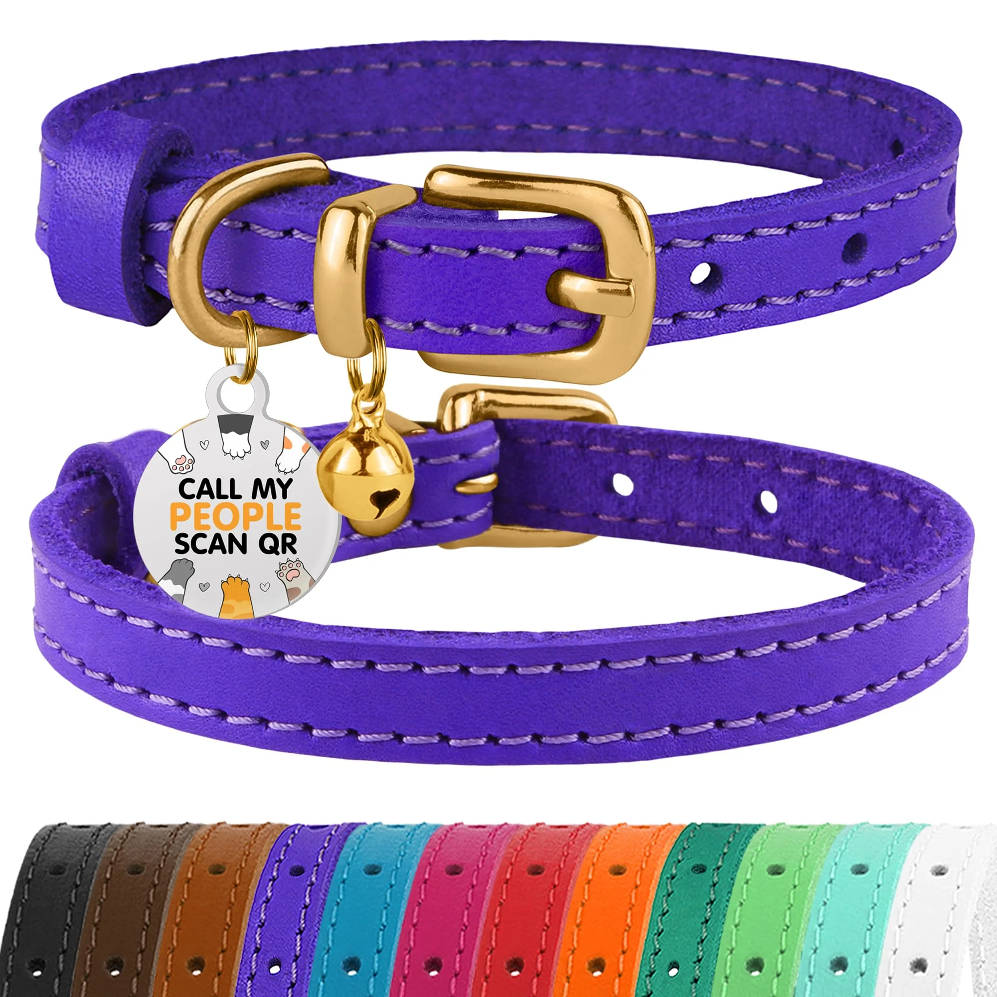 Lightweight BRONZEDOG Leather Cat Collar with Removable Bell QR Tag 9–12 in Purple Gold Detailed