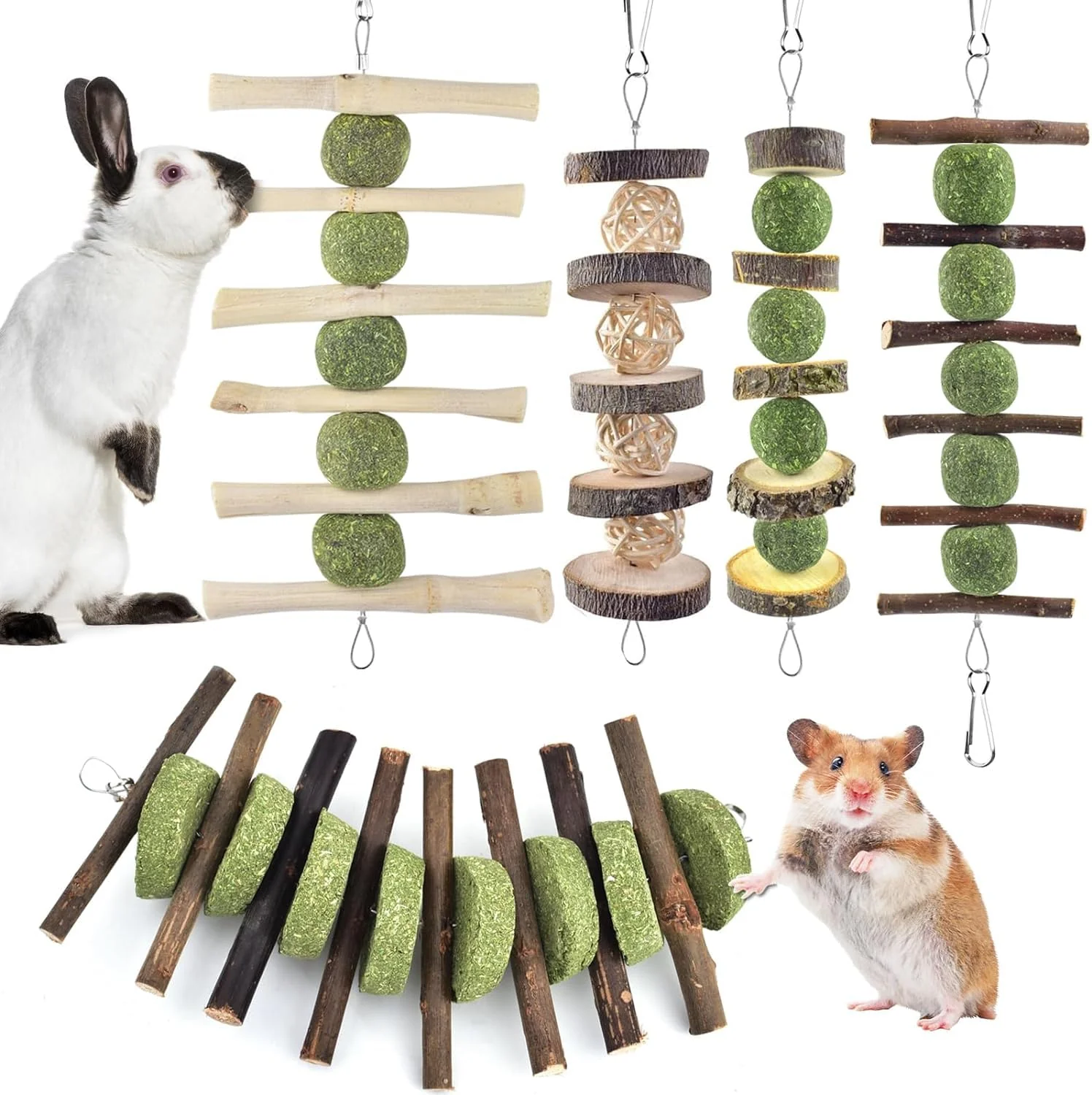 Trendy ERKOON Bunny Chew Toys — 5 Pcs Natural Timothy Grass Apple Wood Treats for Rabbits Guinea Pigs and Small Pets Excellent