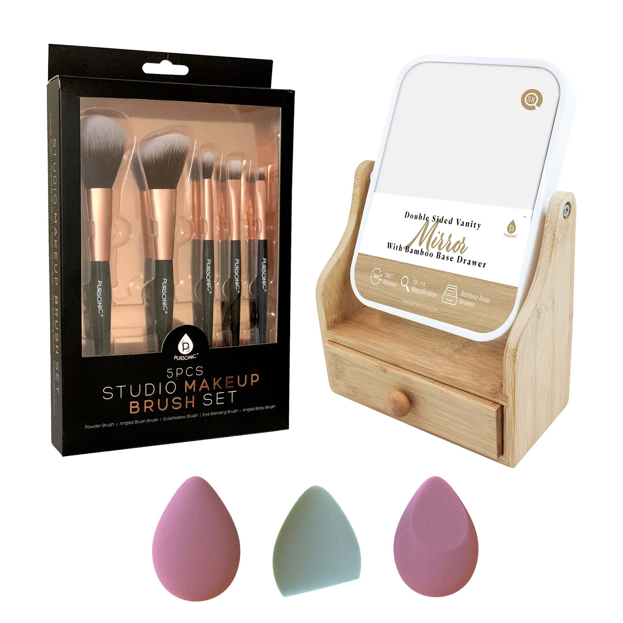 Sustainable Set de productos esenciales de belleza Pursonic brochas de maquillaje de estudio esponjas multiforma y espejo de tocador de doble cara con base de bambú. Exclusive