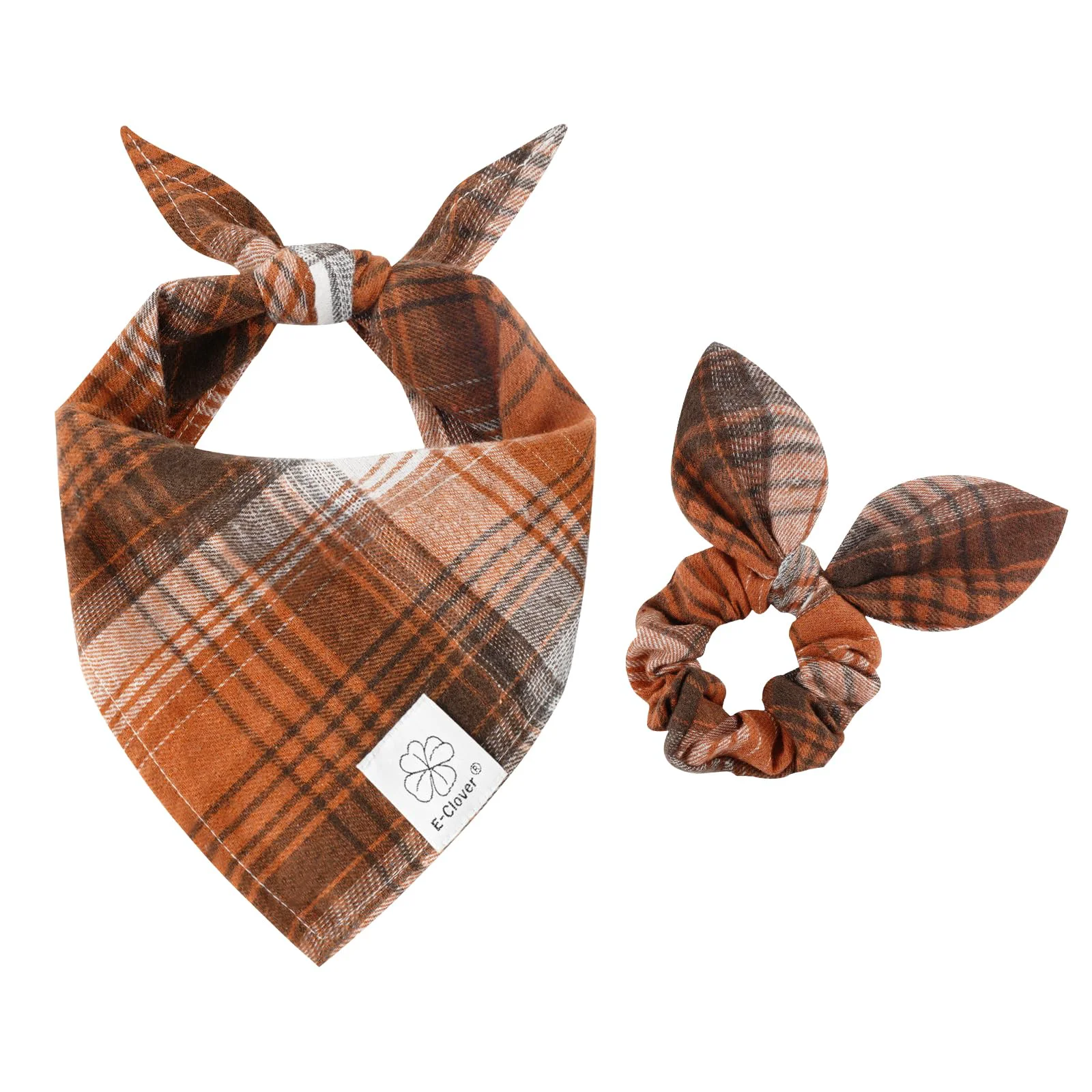 Sustainable E-Clover Fall Dog Bandana Matching Scrunchie – Plaid Pet Scarf for Medium to Large Dogs Powerful